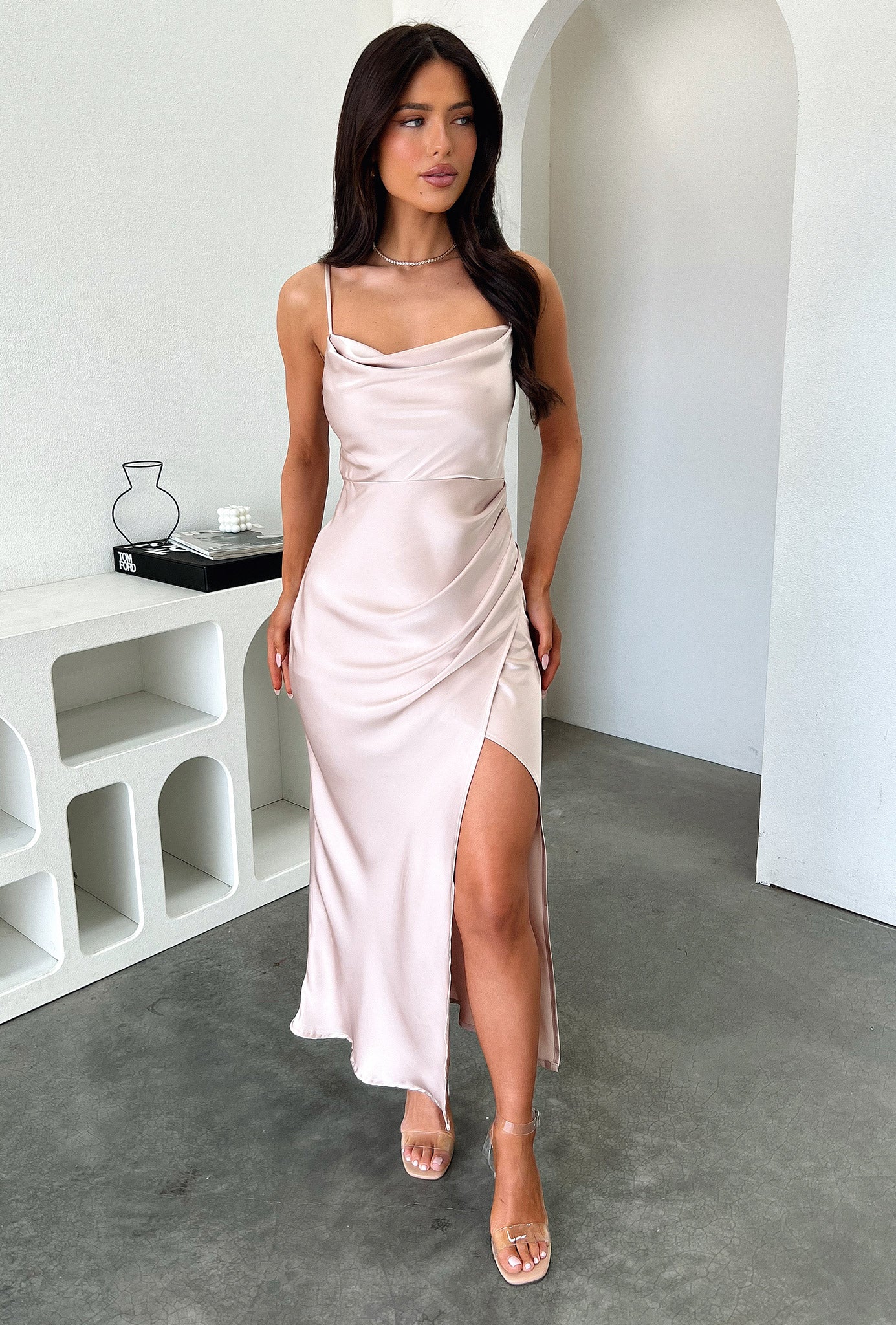 Evelyn Satin Cowl Neck Midi Dress - Champagne-Coutiqo