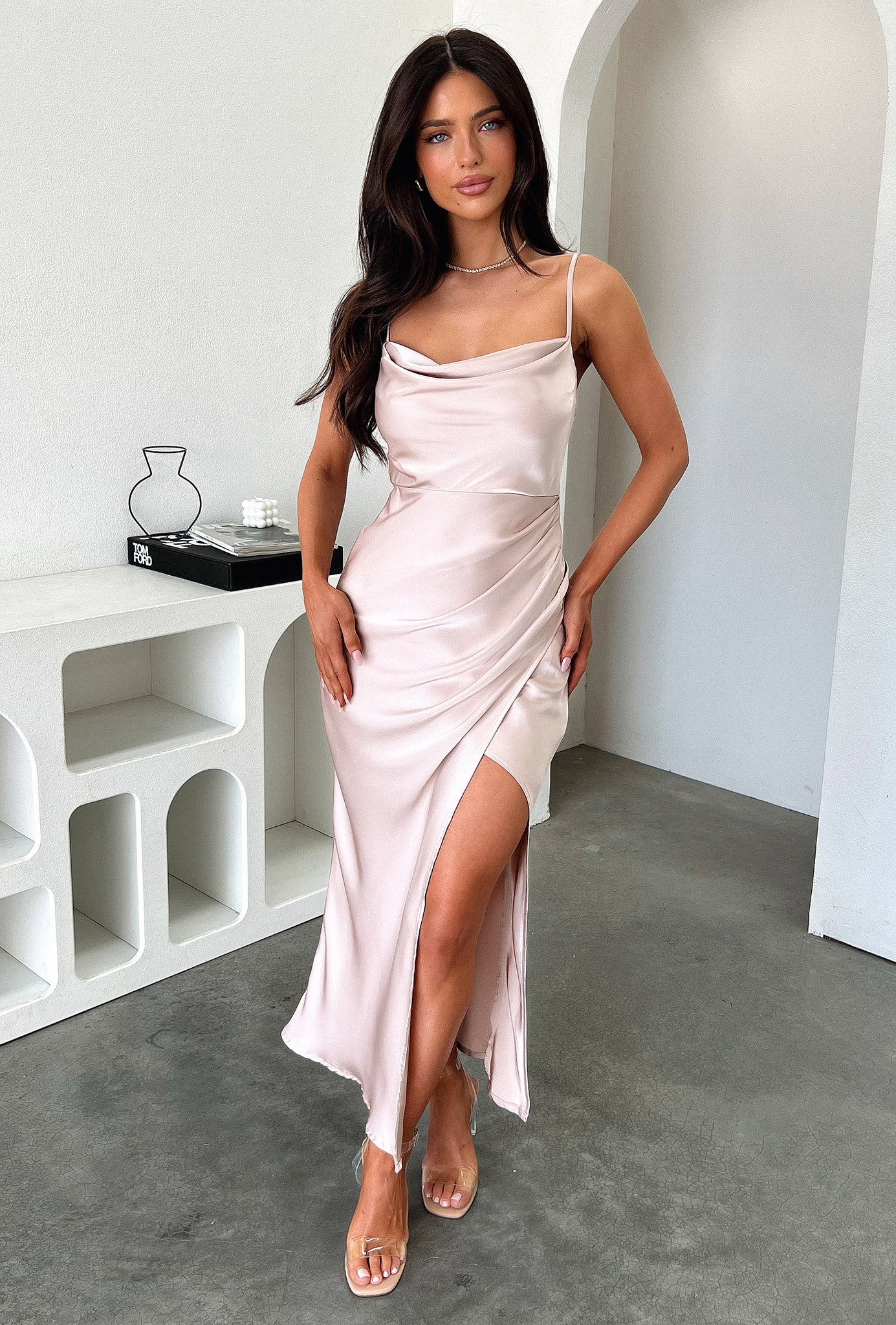 Evelyn Satin Cowl Neck Midi Dress - Champagne-Coutiqo