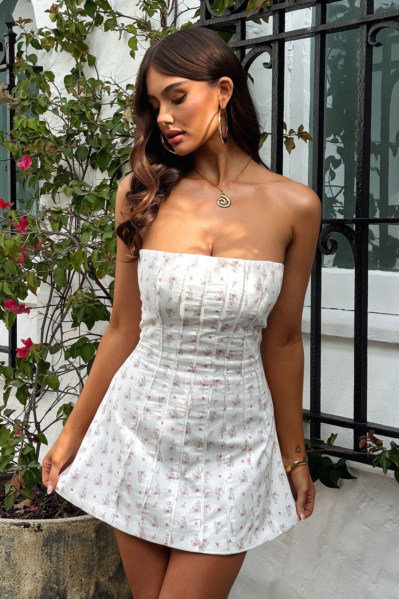 Evelina Strapless Mini Dress - Pink Floral-Coutiqo
