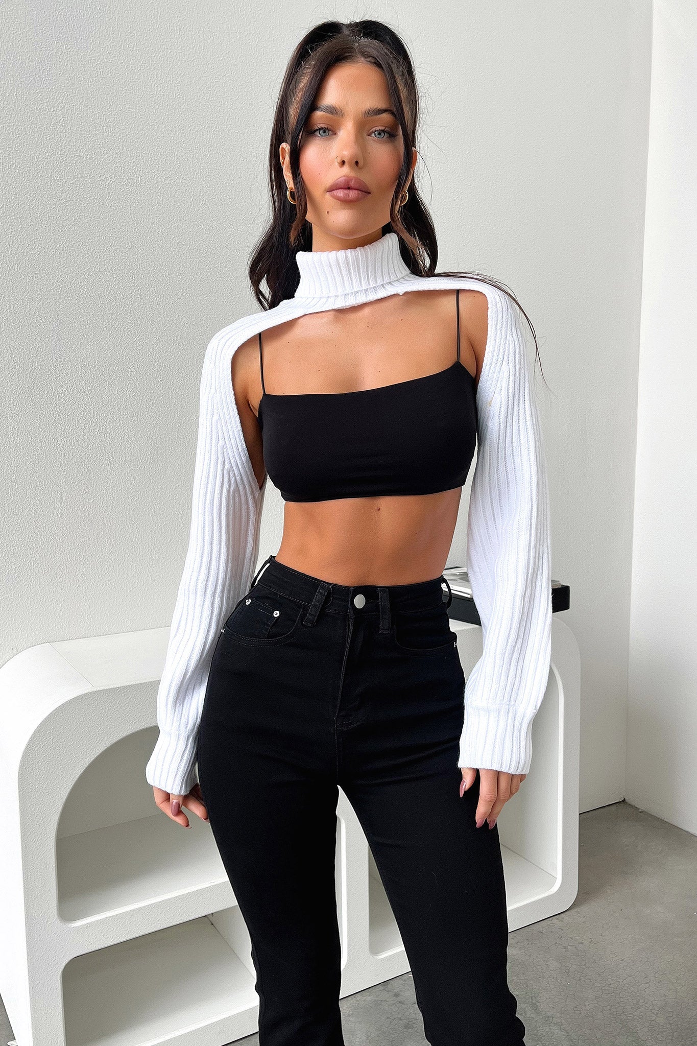 Evie Turtleneck Shrug - White-Coutiqo