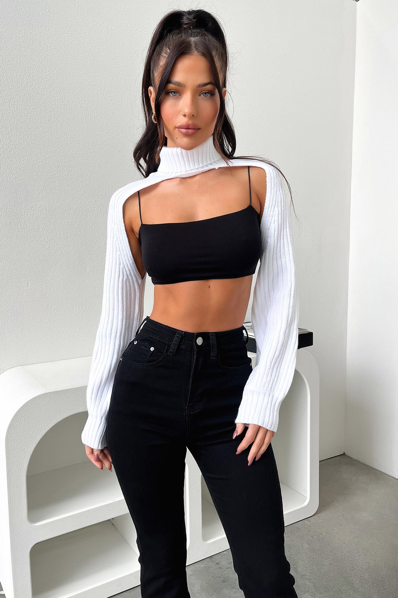 Evie Turtleneck Shrug - White-Coutiqo