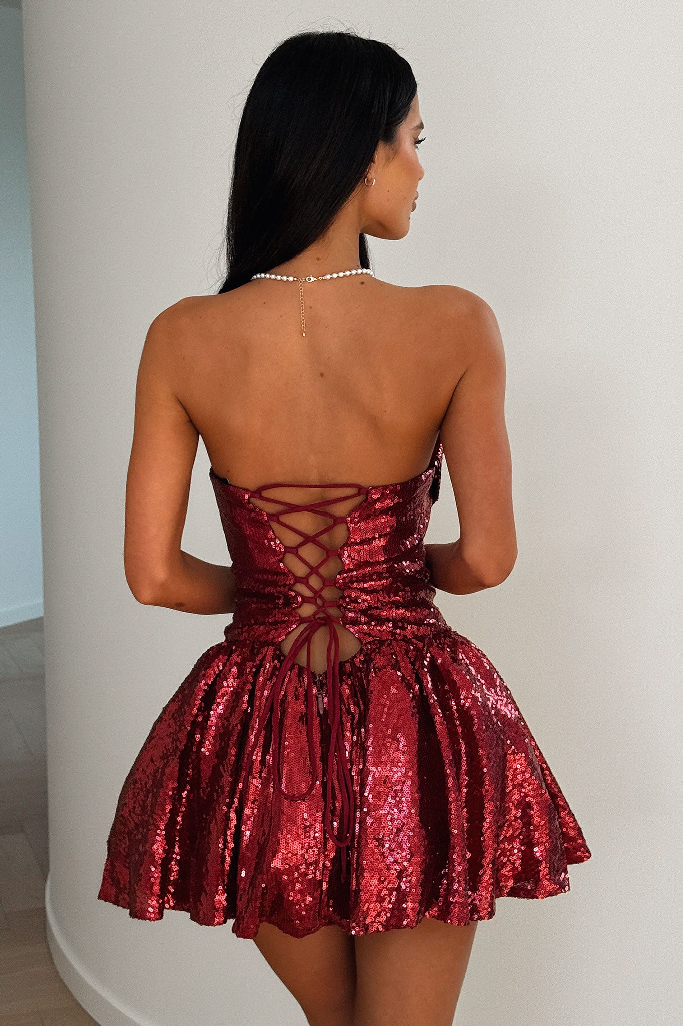Ezrie Strapless Sequin Mini Dress - Burgundy-Coutiqo
