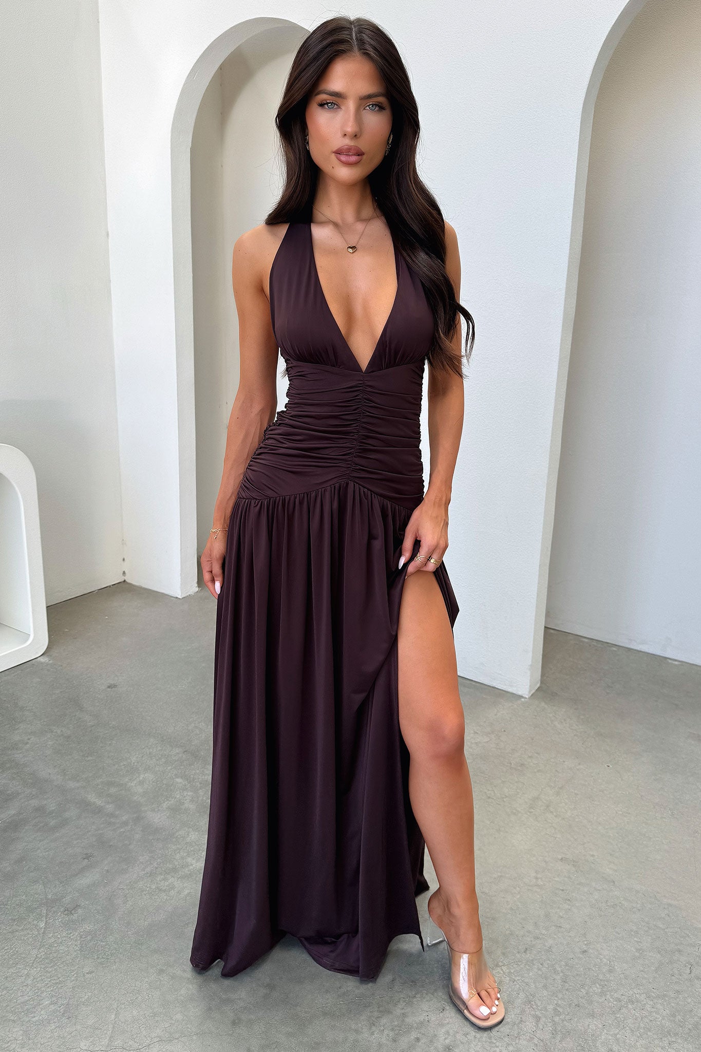 Ginevra Ruched Halter Maxi Dress - Brown-Coutiqo
