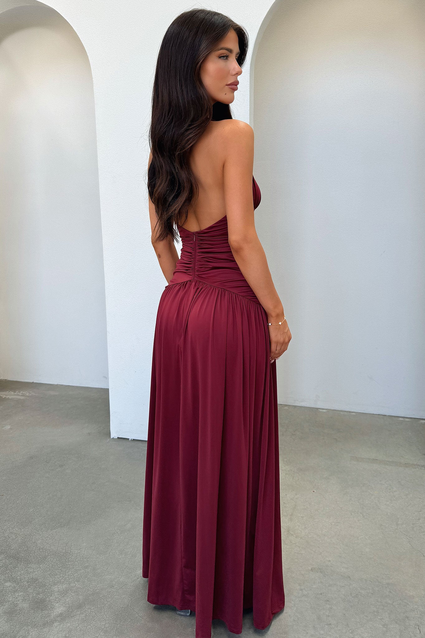 Ginevra Ruched Halter Maxi Dress - Burgundy-Coutiqo