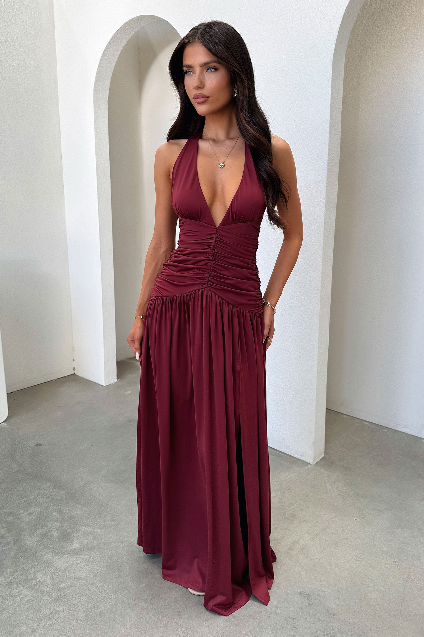 Ginevra Ruched Halter Maxi Dress - Burgundy-Coutiqo