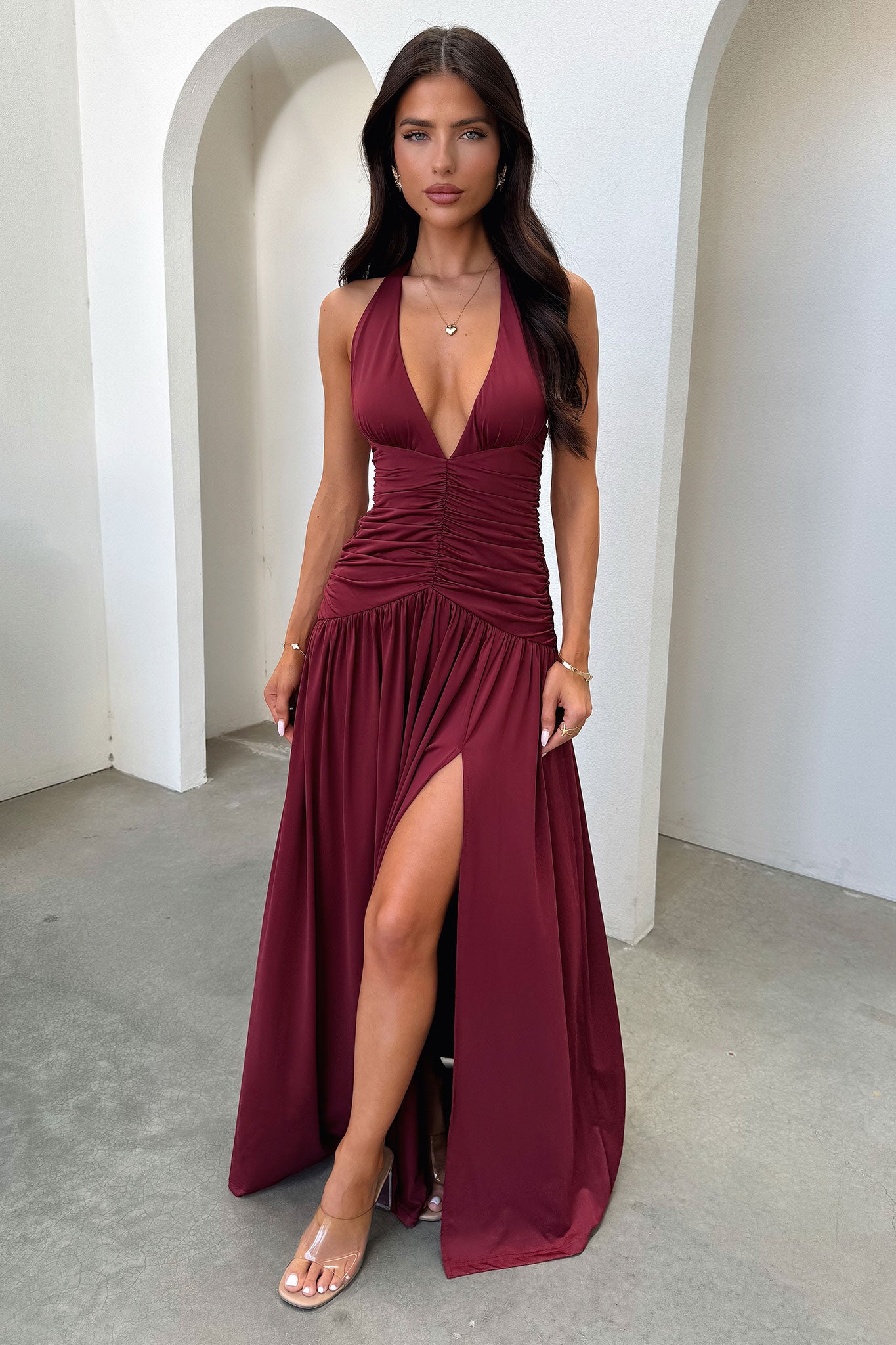 Ginevra Ruched Halter Maxi Dress - Burgundy-Coutiqo