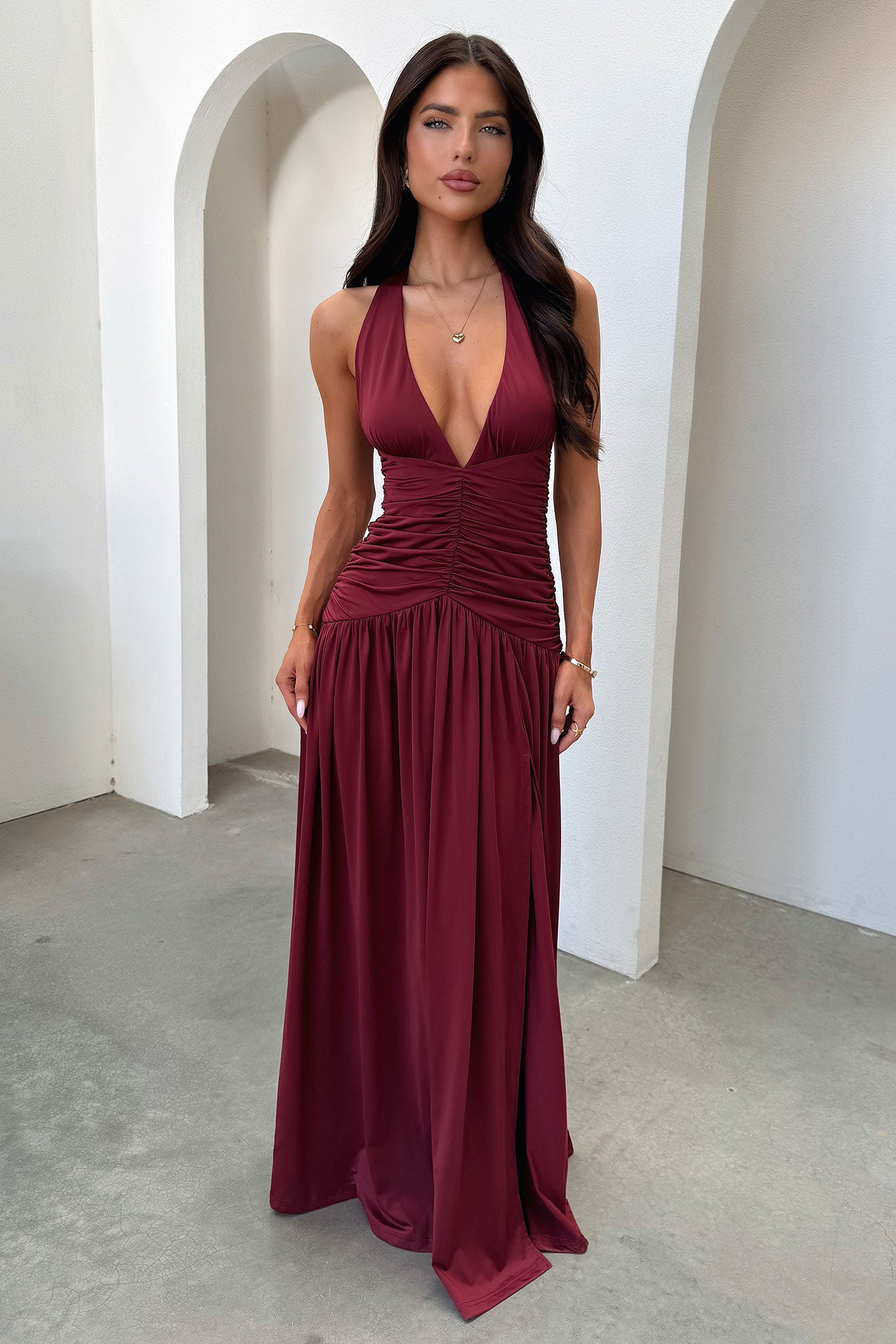 Ginevra Ruched Halter Maxi Dress - Burgundy-Coutiqo