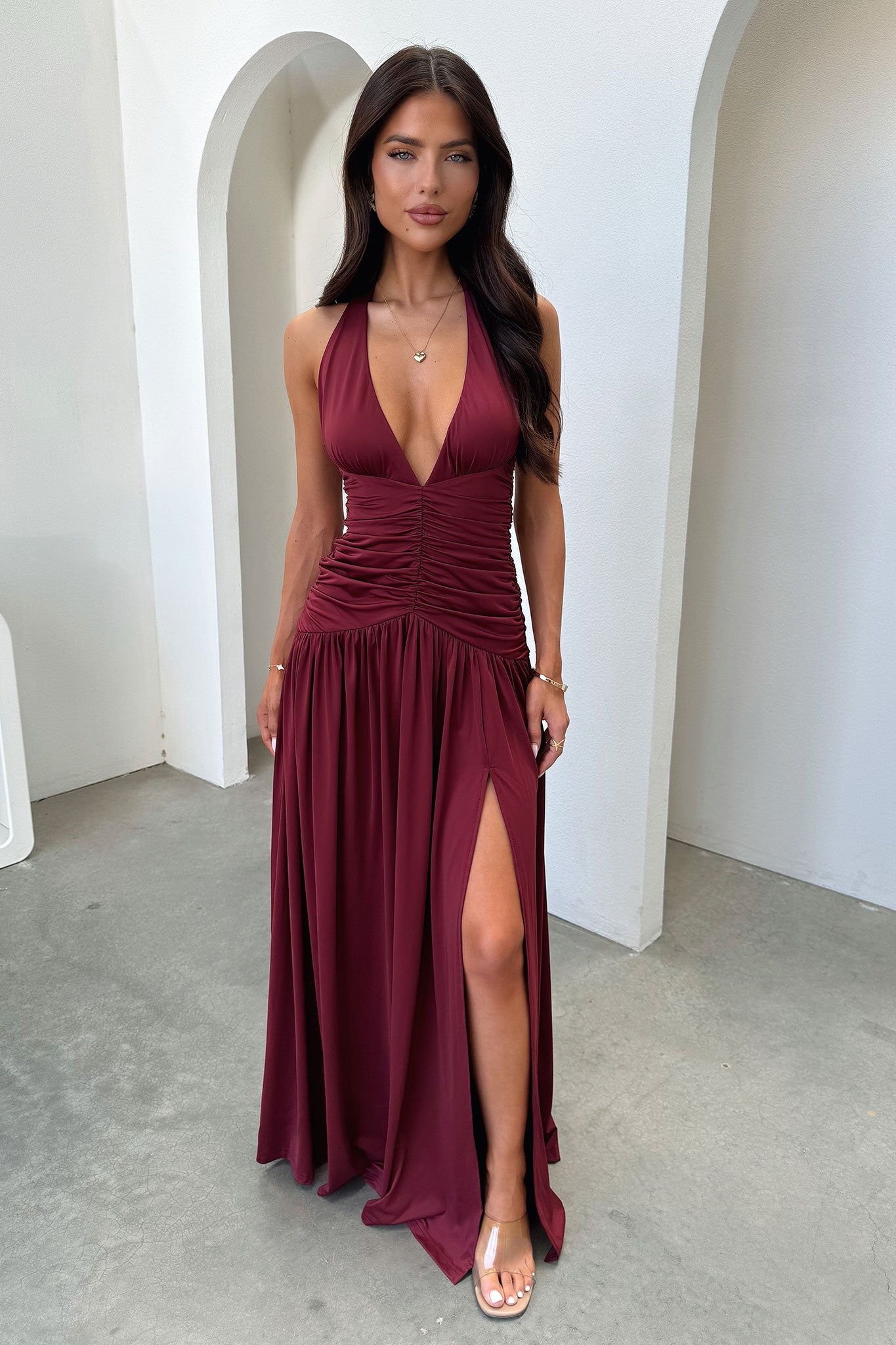Ginevra Ruched Halter Maxi Dress - Burgundy-Coutiqo