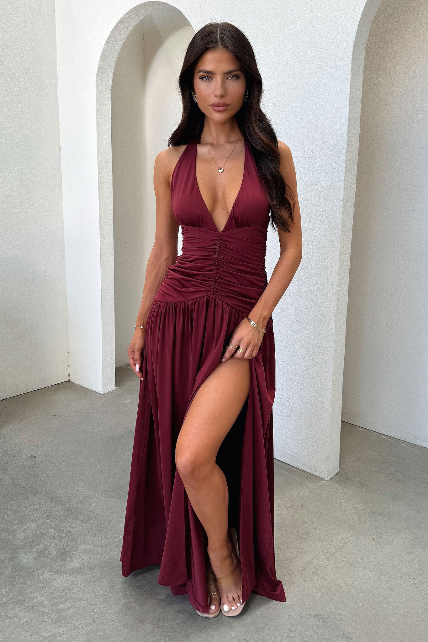 Ginevra Ruched Halter Maxi Dress - Burgundy-Coutiqo