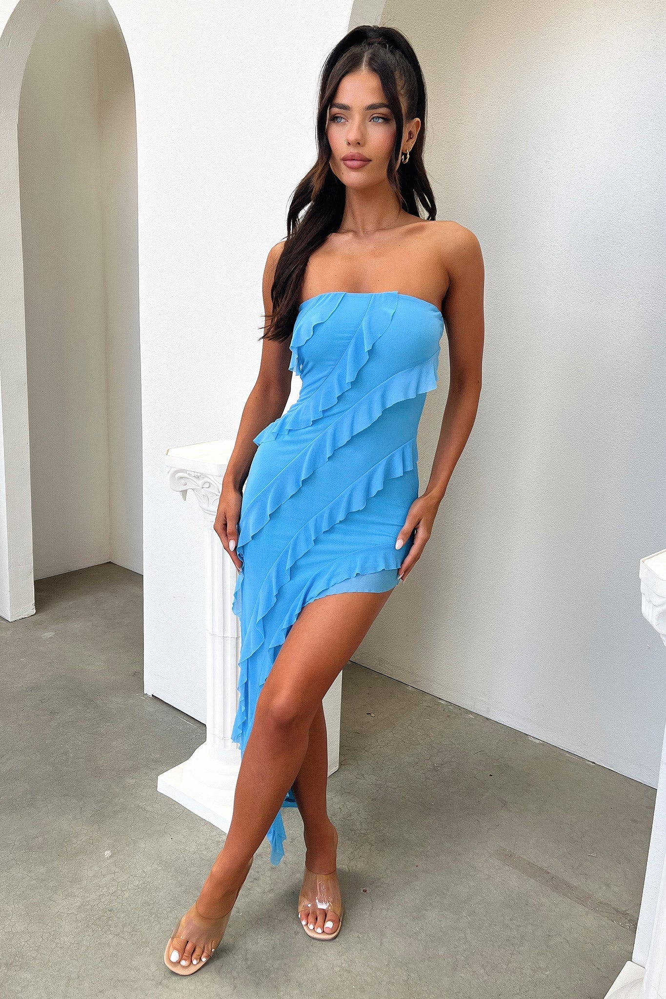Jadore Strapless Ruffle Midi Dress - Blue-Coutiqo