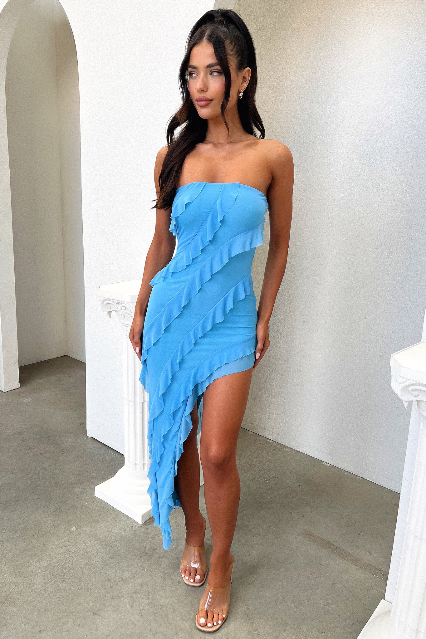 Jadore Strapless Ruffle Midi Dress - Blue-Coutiqo