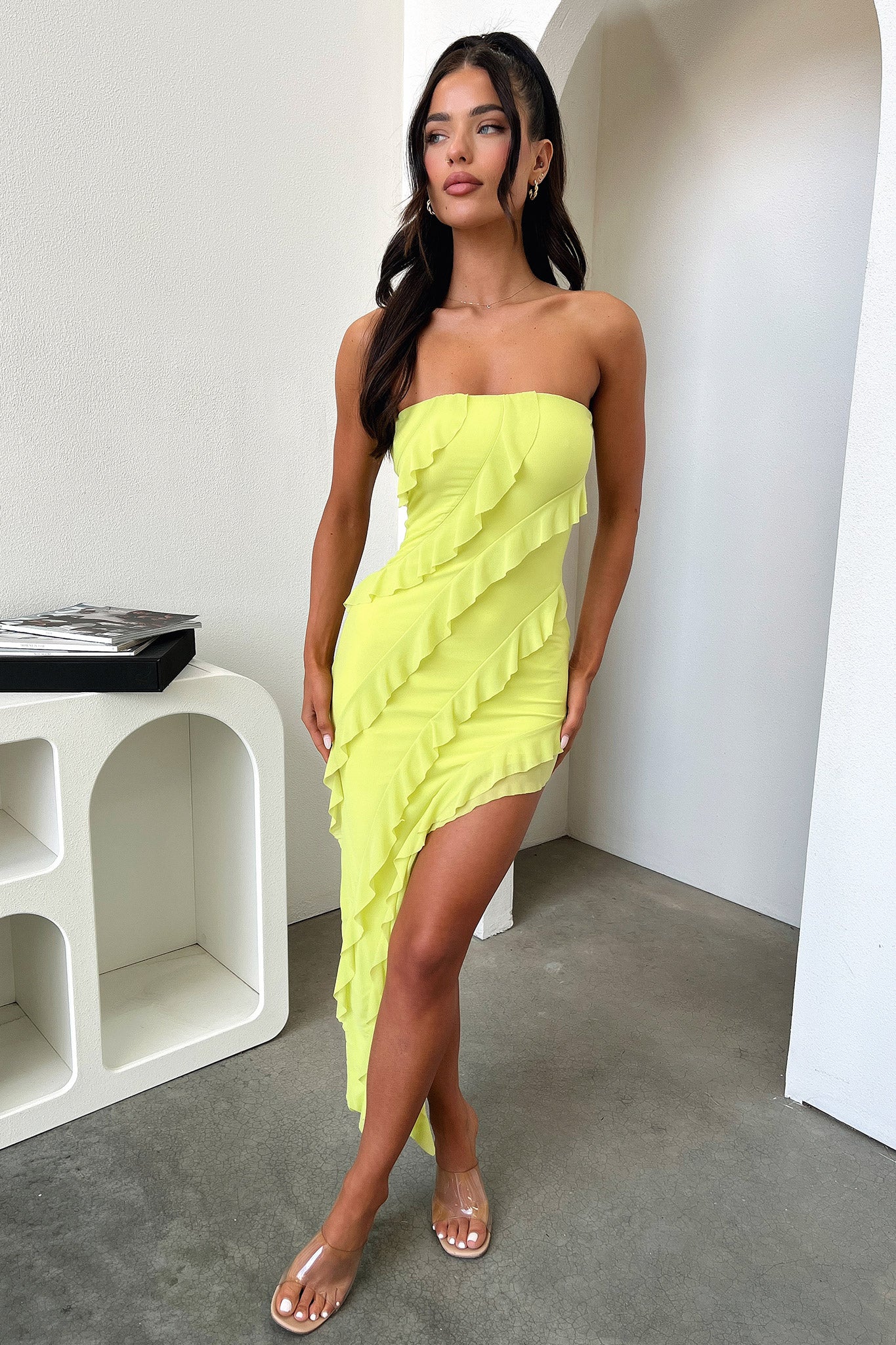 Jadore Strapless Ruffle Midi Dress - Lime-Coutiqo
