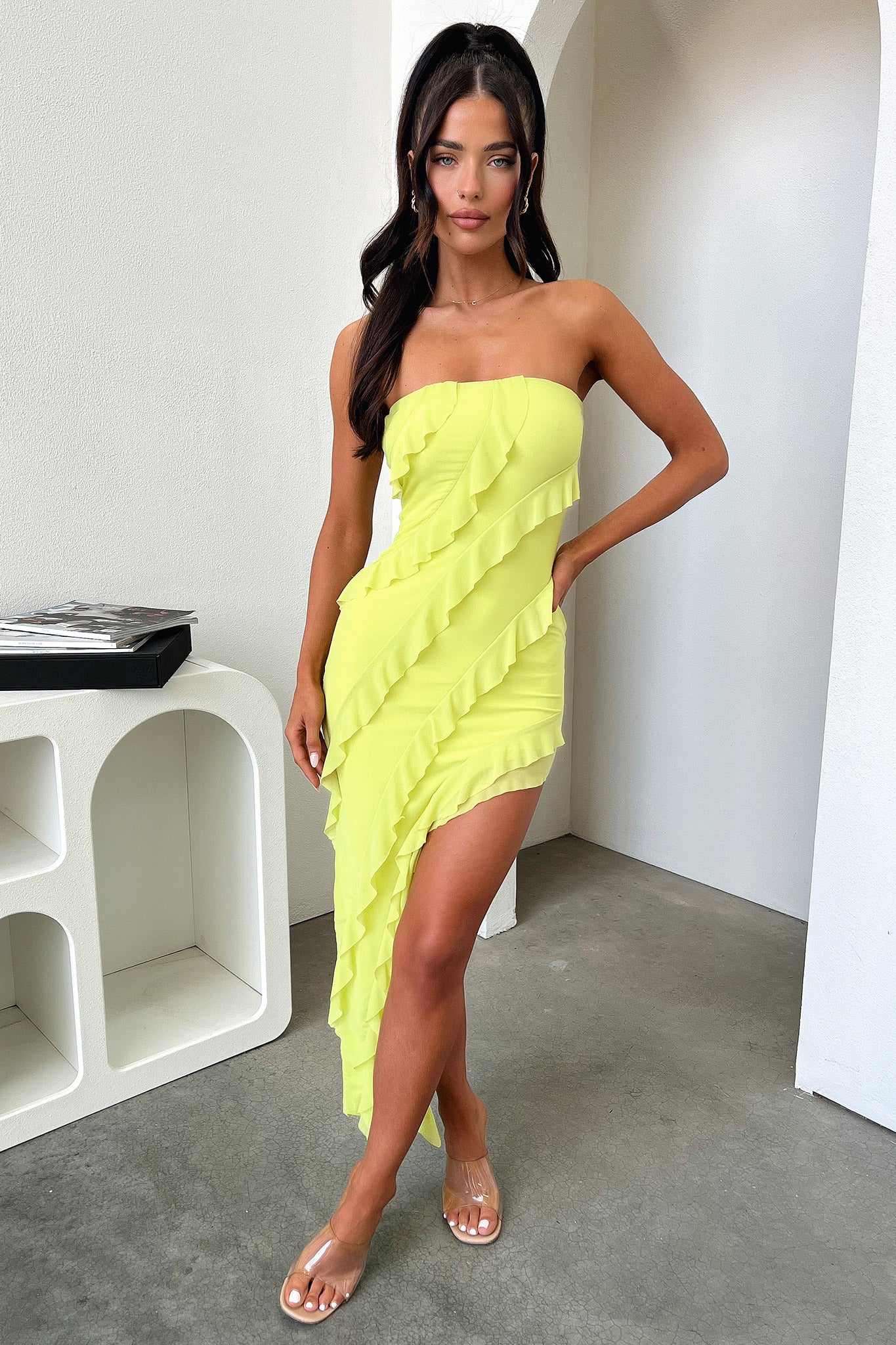 Jadore Strapless Ruffle Midi Dress - Lime-Coutiqo
