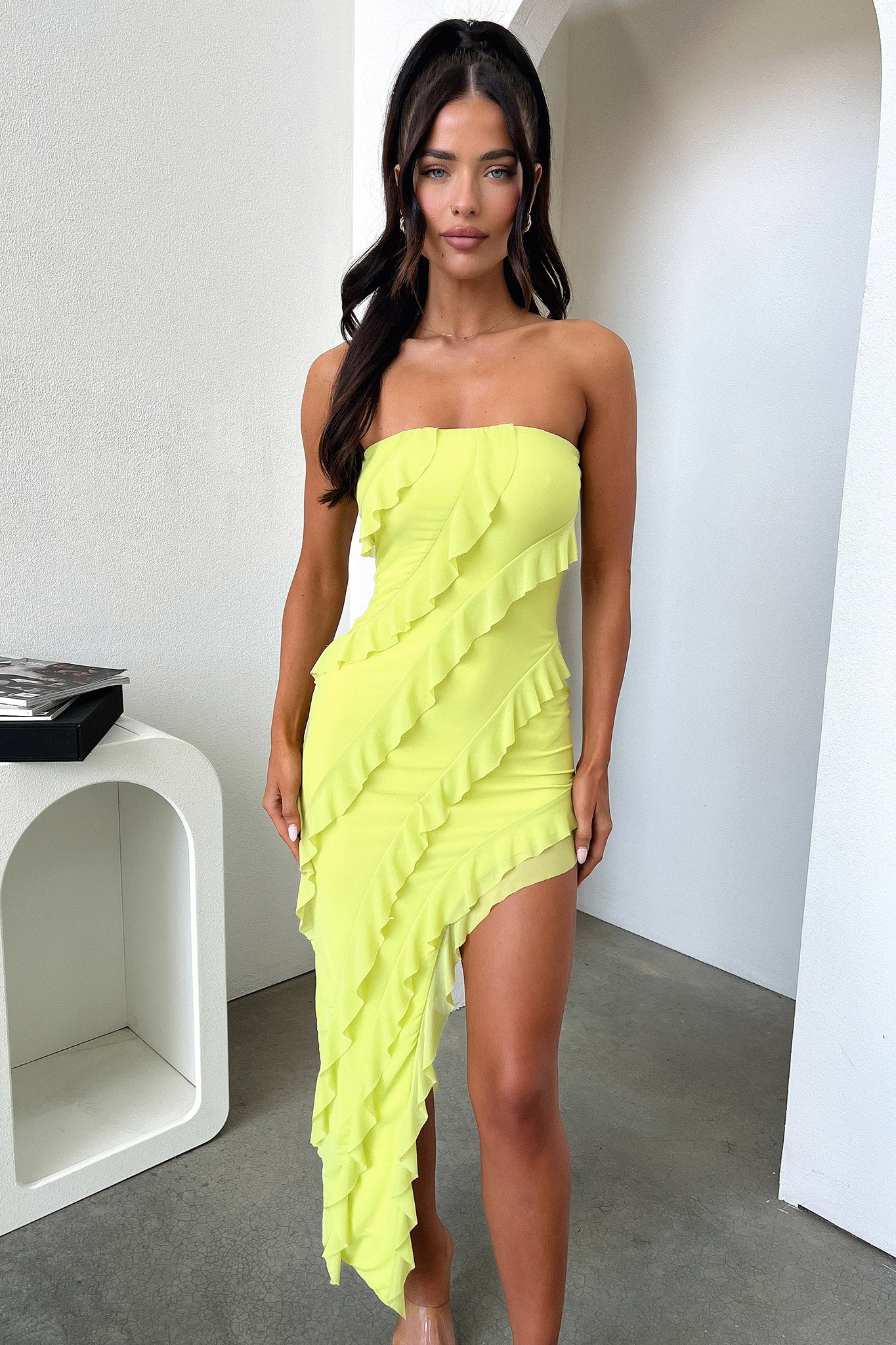 Jadore Strapless Ruffle Midi Dress - Lime-Coutiqo