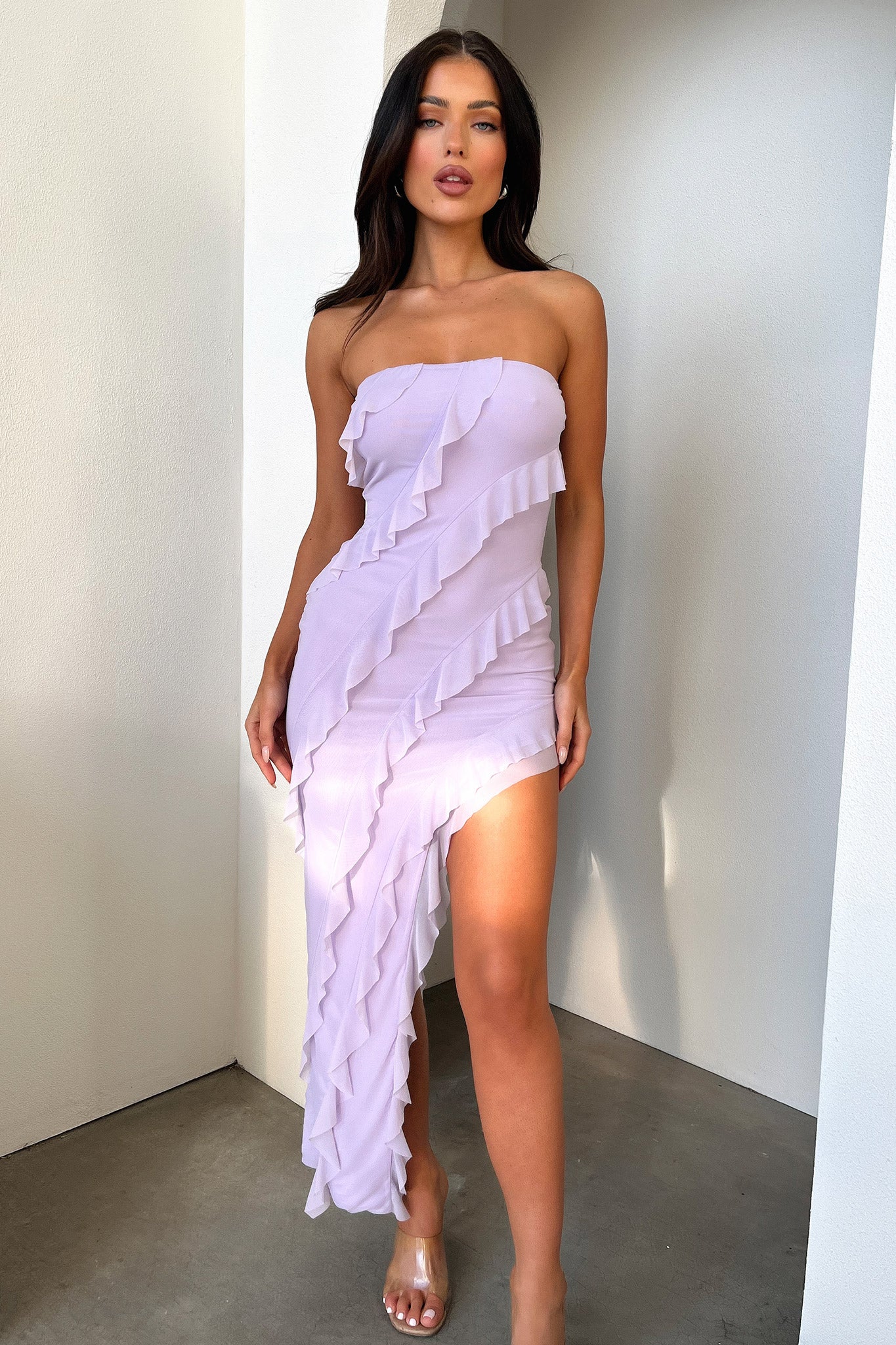 Jadore Strapless Ruffle Midi Dress - Lilac-Coutiqo