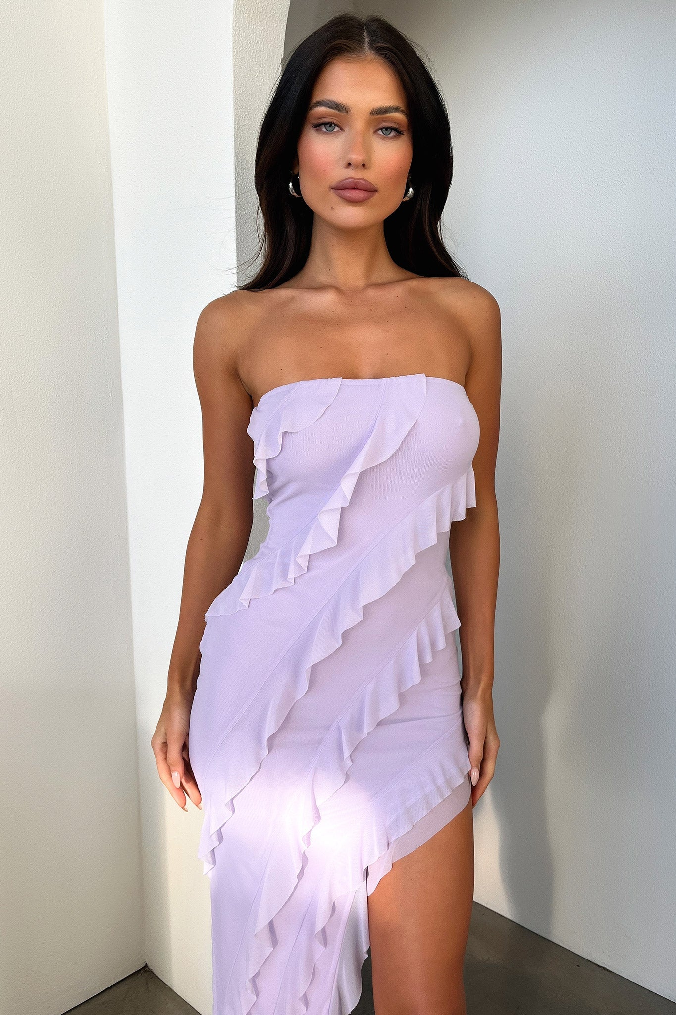 Jadore Strapless Ruffle Midi Dress - Lilac-Coutiqo