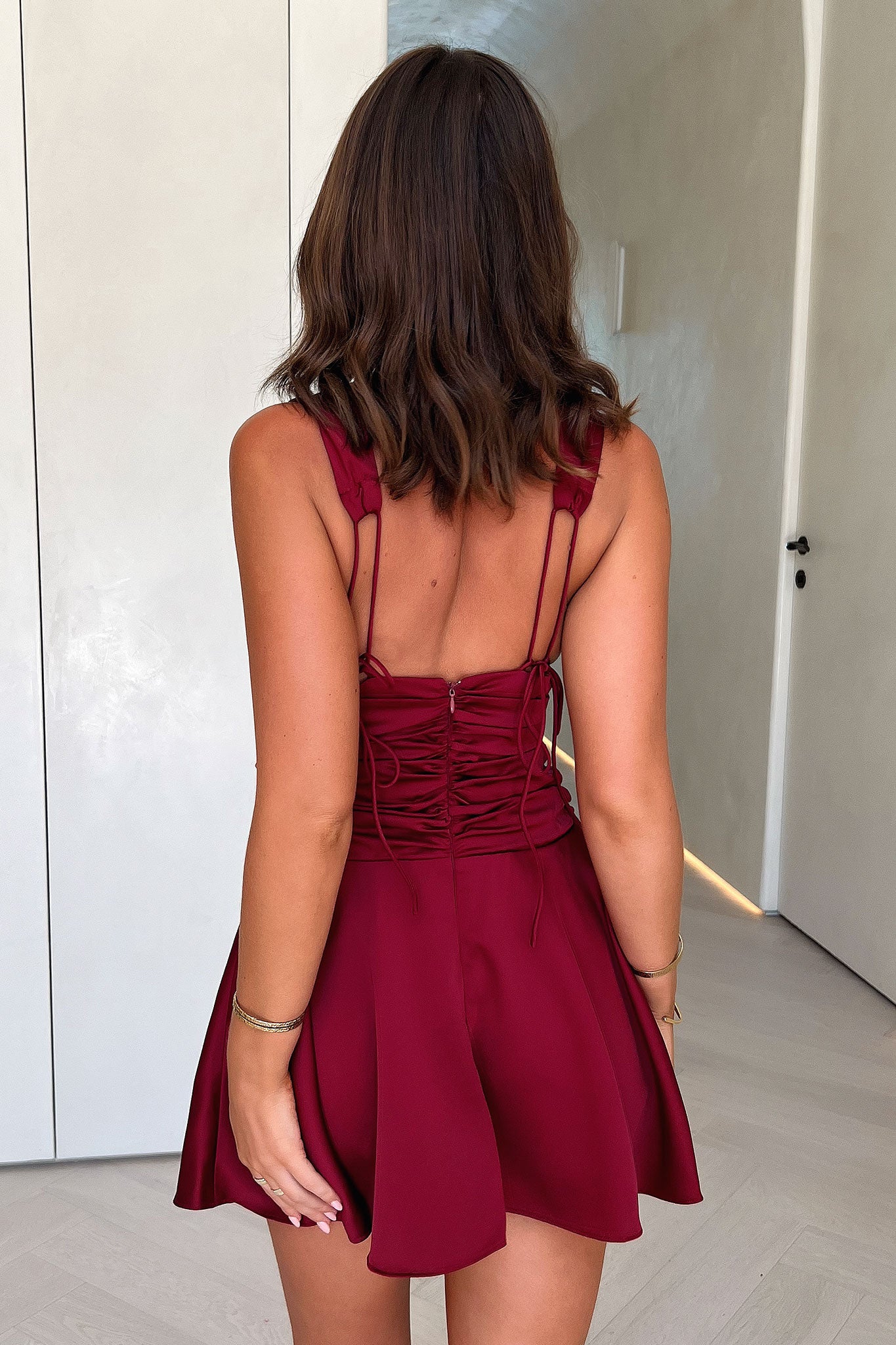 Jane Satin Mini Dress - Burgundy-Coutiqo