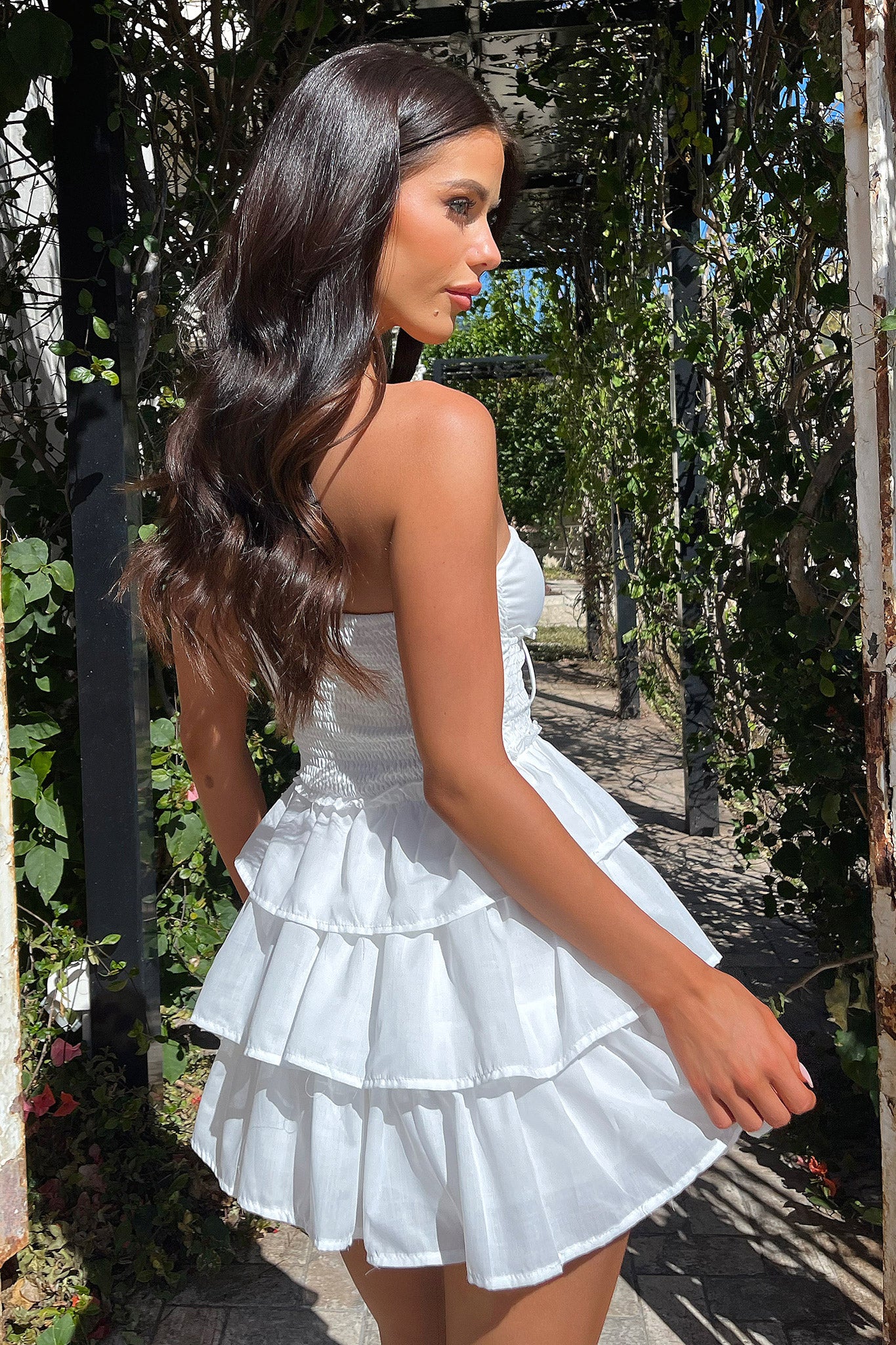 Janine Strapless Tiered Mini Dress - White-Coutiqo