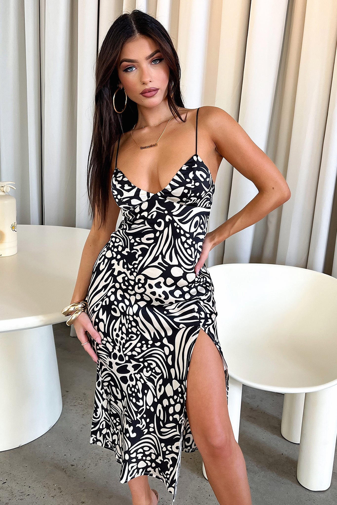 Jennifer Satin Midi Dress - Black/White Print-Coutiqo