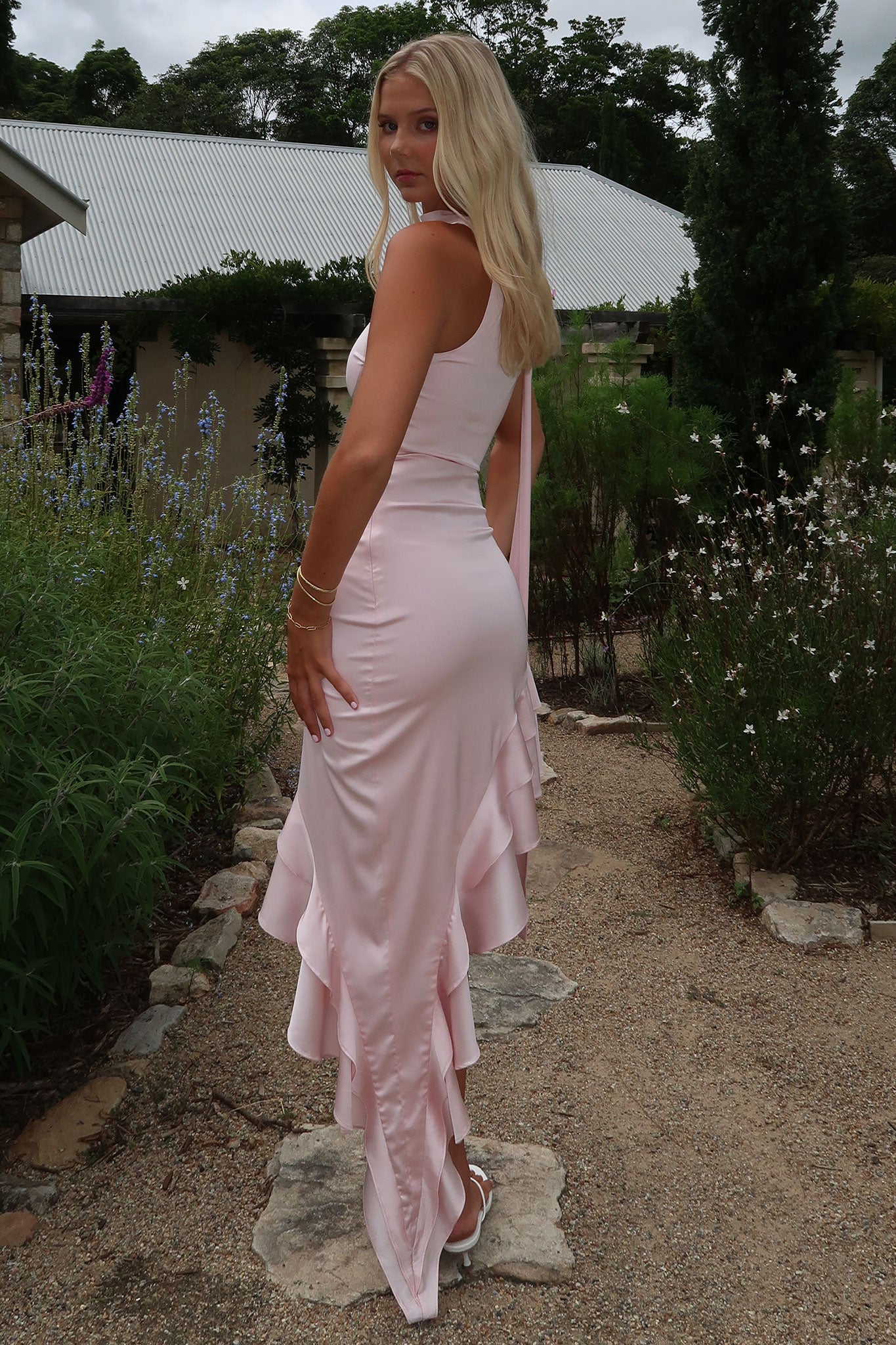 Kara One Shoulder Satin Maxi Dress - Pink-Coutiqo