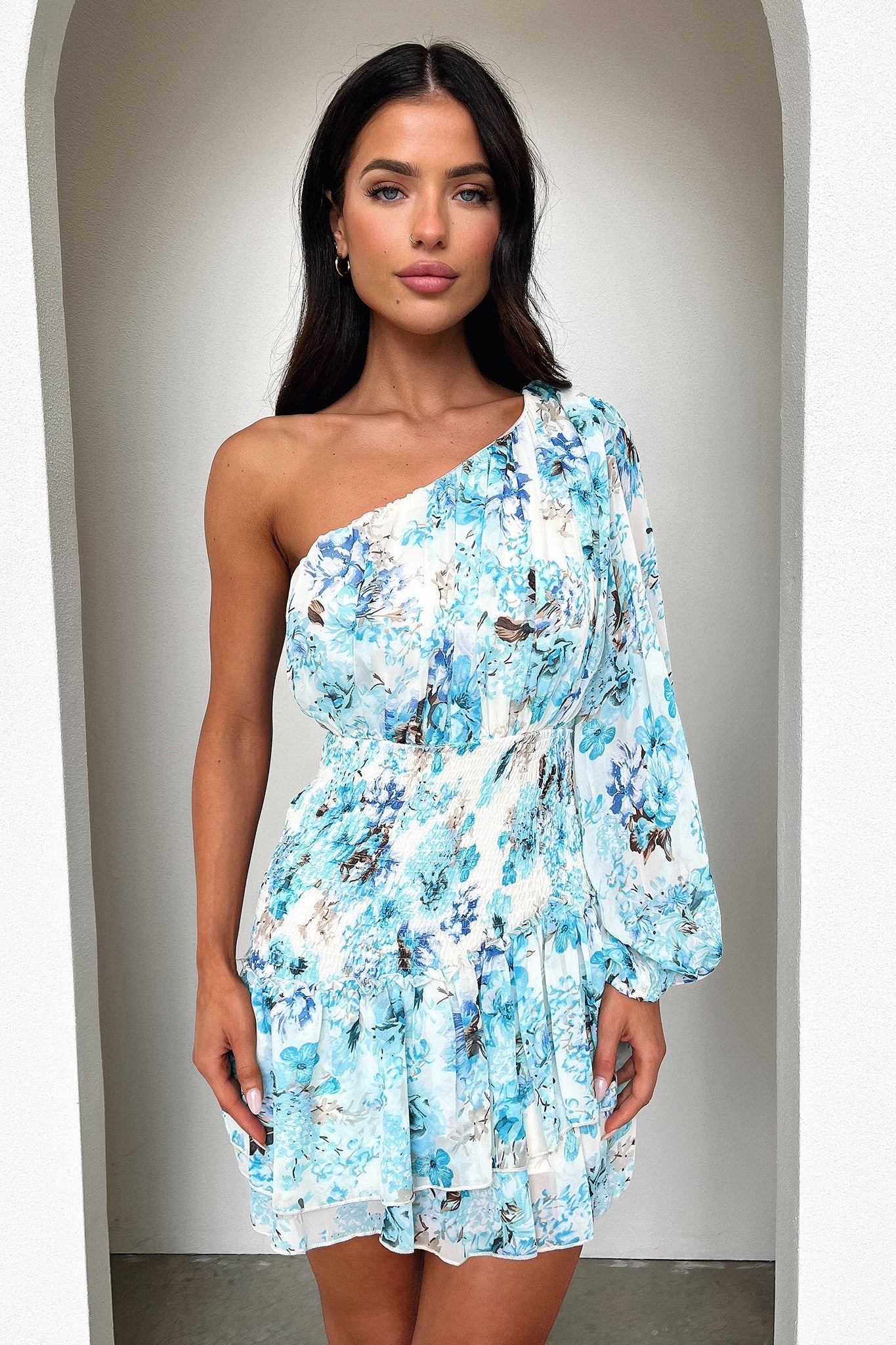 Katina Mini Dress - Dark Blue Floral-Coutiqo