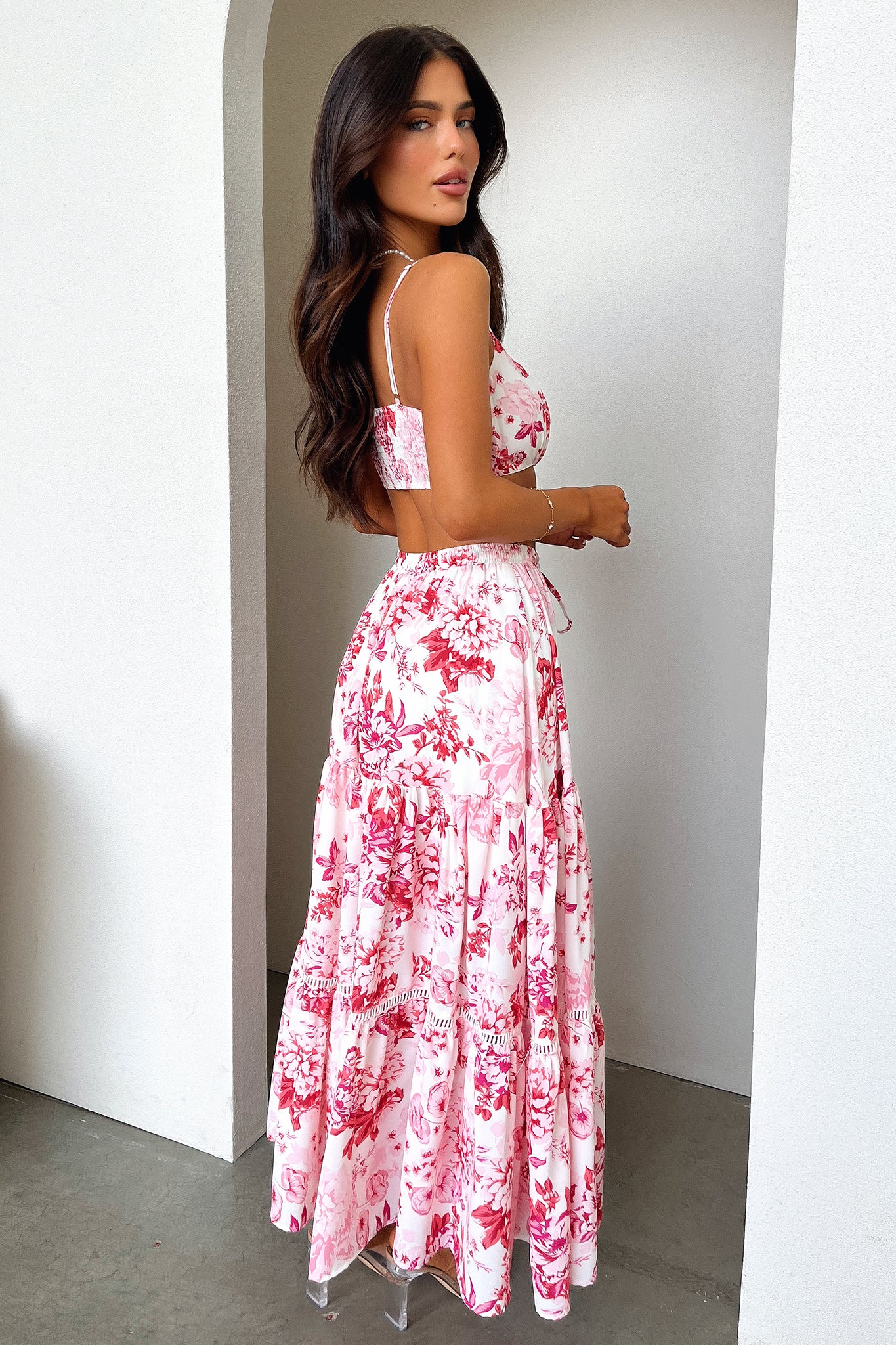 Kei Maxi Skirt - Pink / Red Floral-Coutiqo