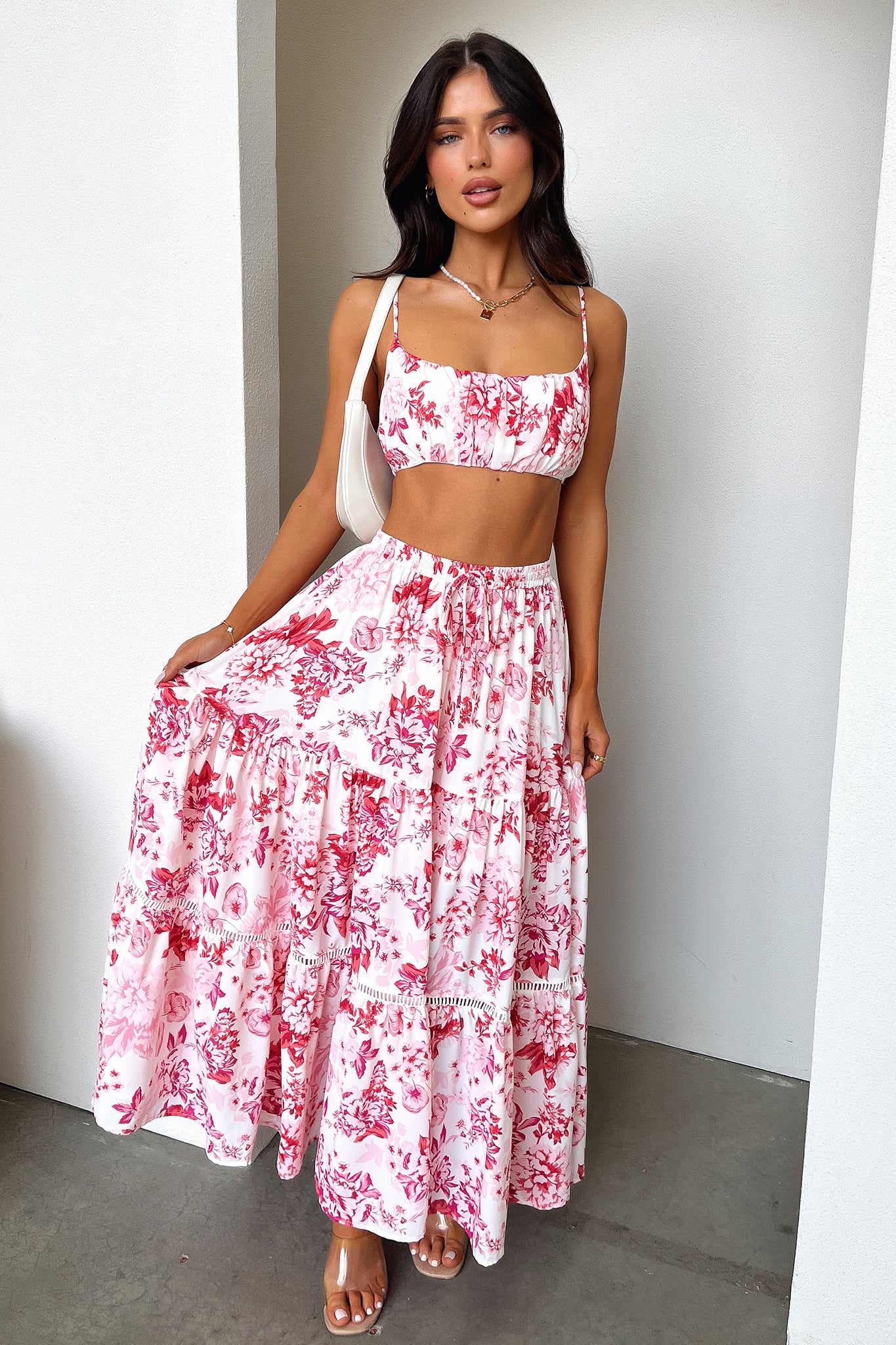 Kei Maxi Skirt - Pink / Red Floral-Coutiqo