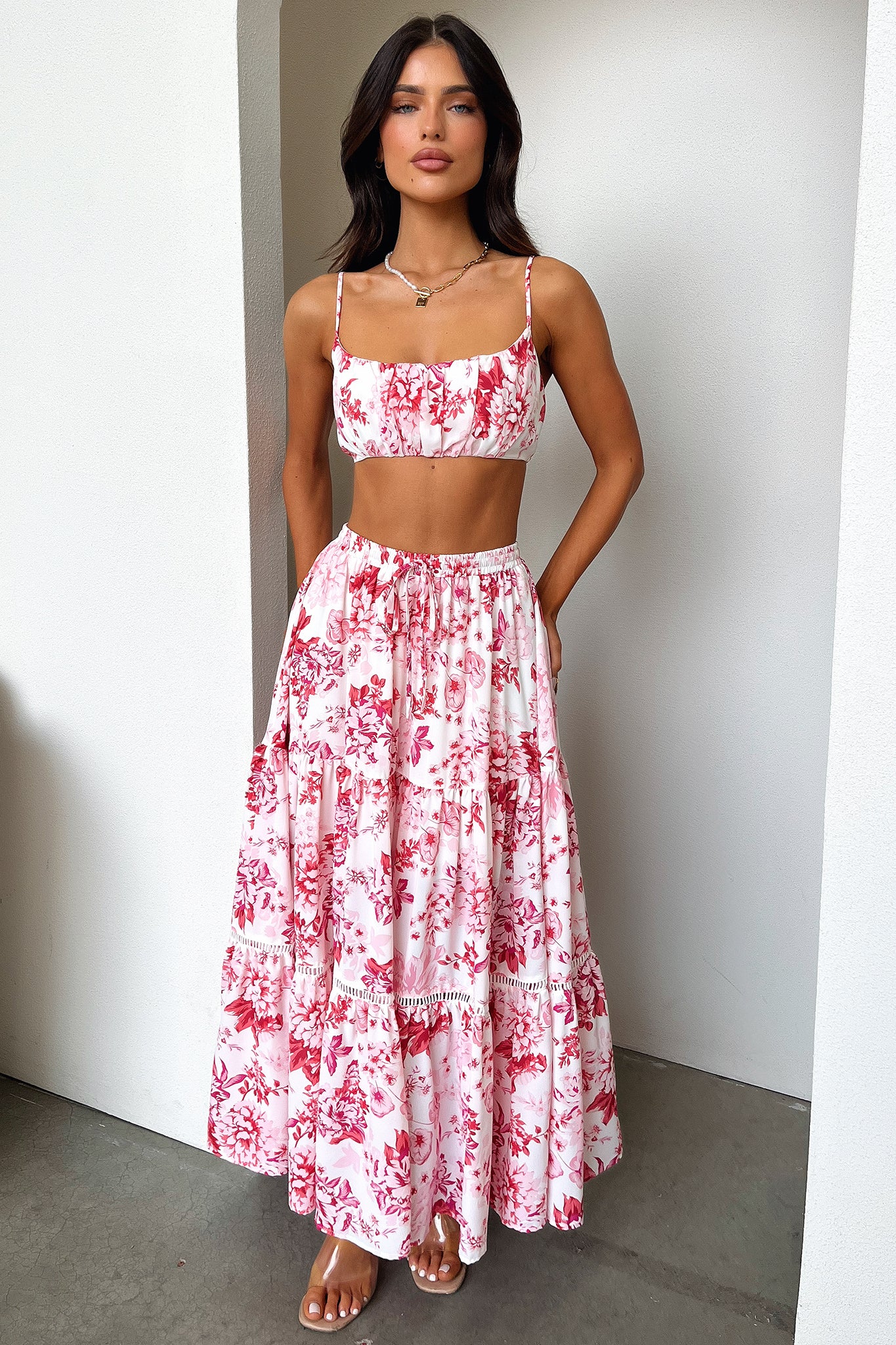Kei Maxi Skirt - Pink / Red Floral-Coutiqo