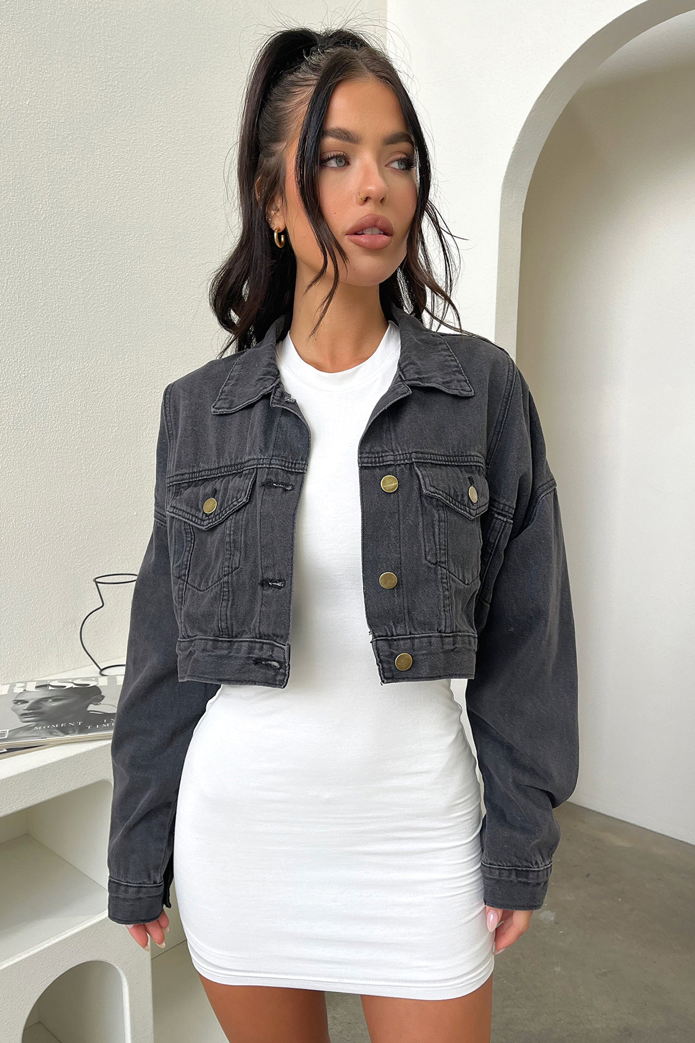 King Cropped Denim Jacket - Black Denim-Coutiqo