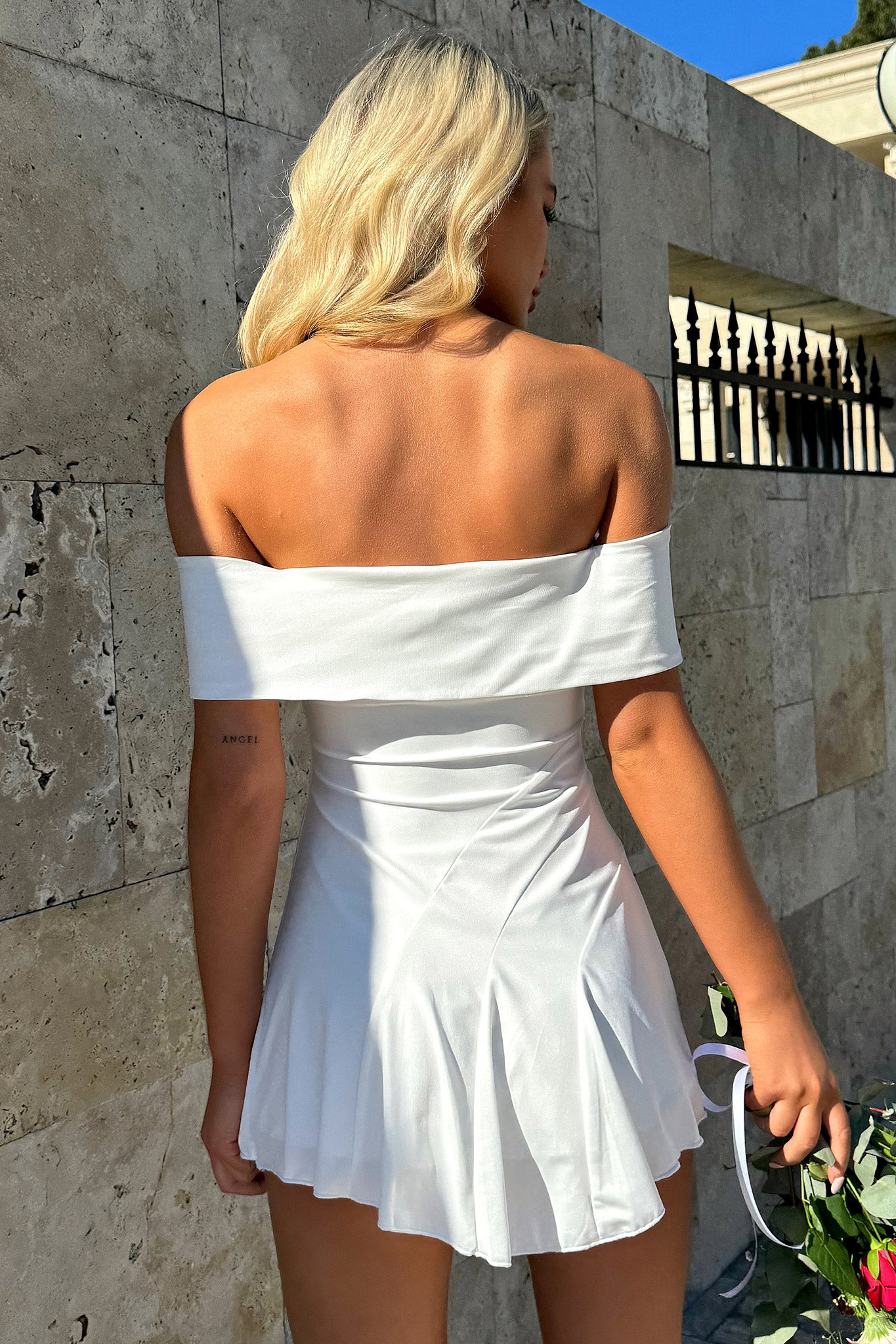 Kirsten Off Shoulder Mini Dress - White-Coutiqo