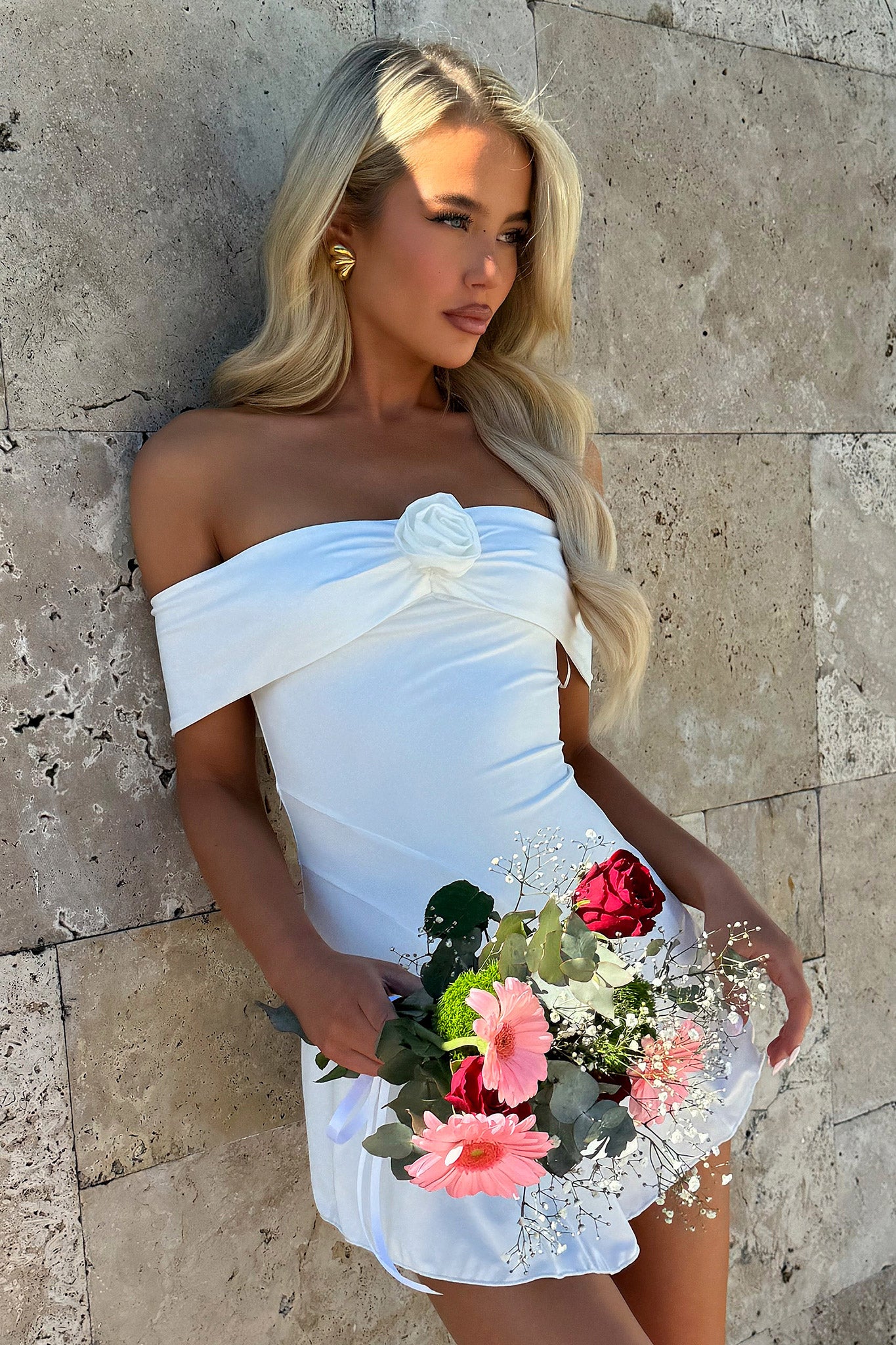 Kirsten Off Shoulder Mini Dress - White-Coutiqo