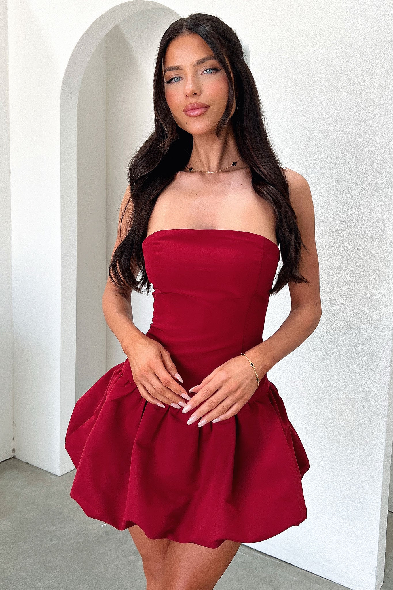 Kloe Bubble Skirt Strapless Mini Dress - Burgundy-Coutiqo