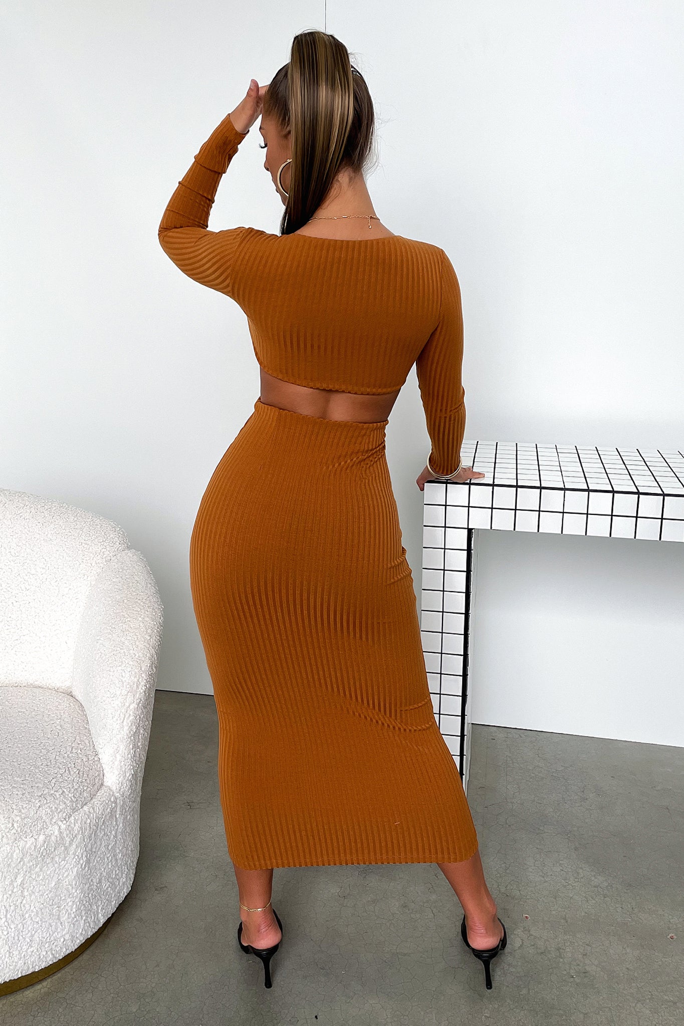 Laska Midi Dress - Rust Brown-Coutiqo