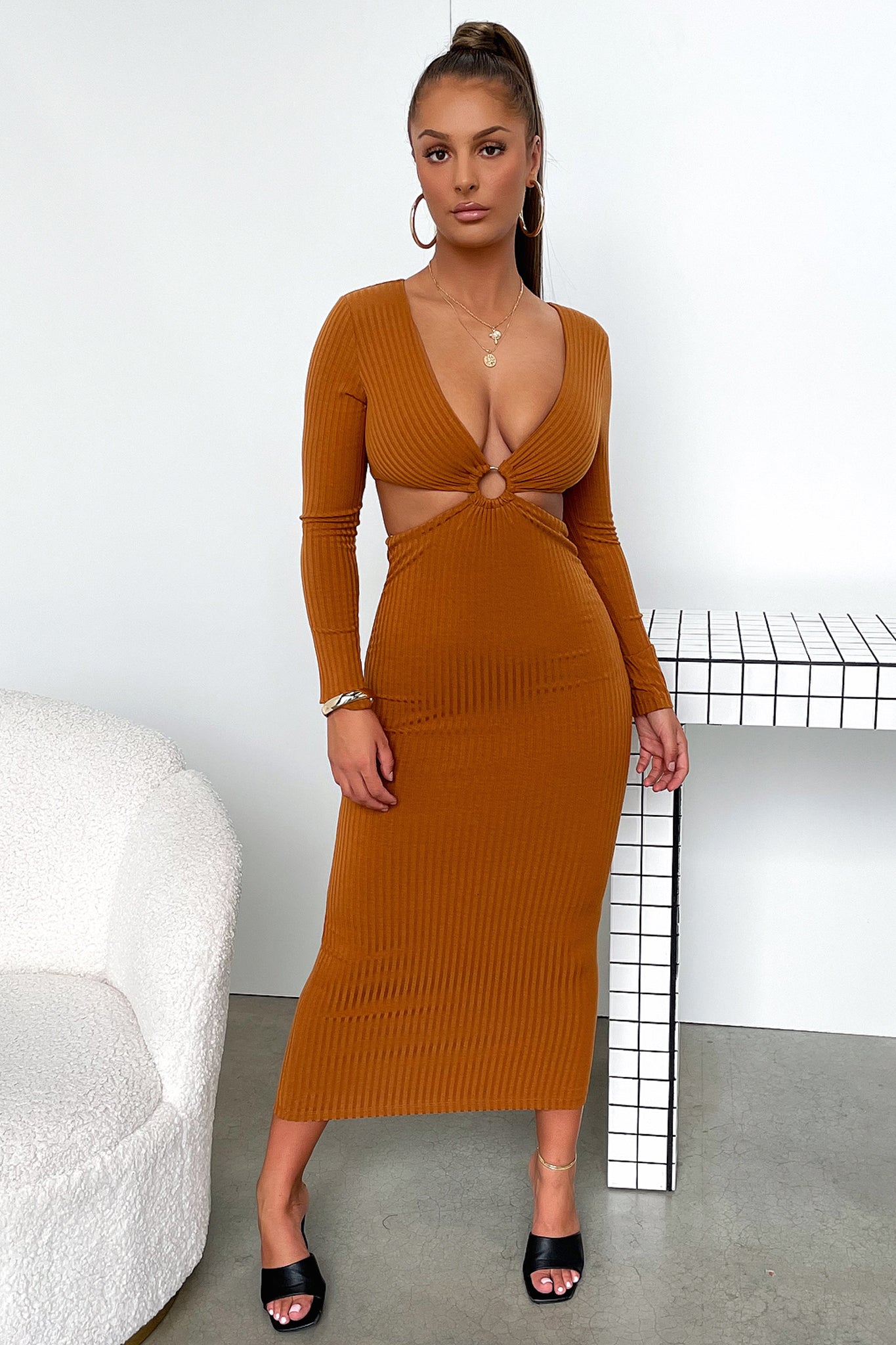 Laska Midi Dress - Rust Brown-Coutiqo