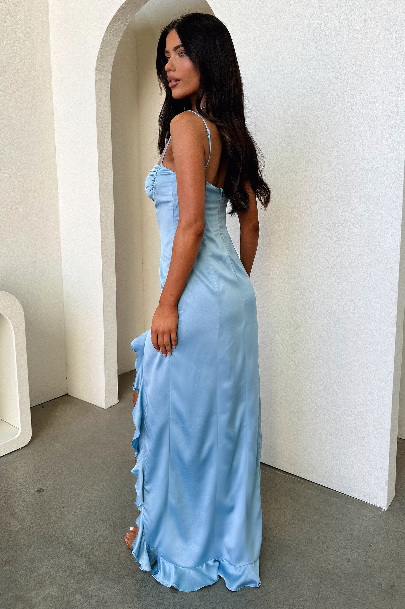 Lauren Ruffle Trim Satin Maxi Dress - Blue-Coutiqo