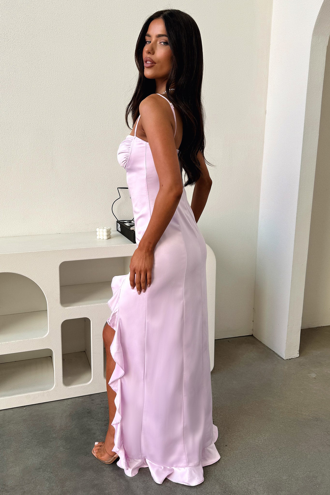Lauren Ruffle Trim Satin Maxi Dress - Lilac-Coutiqo