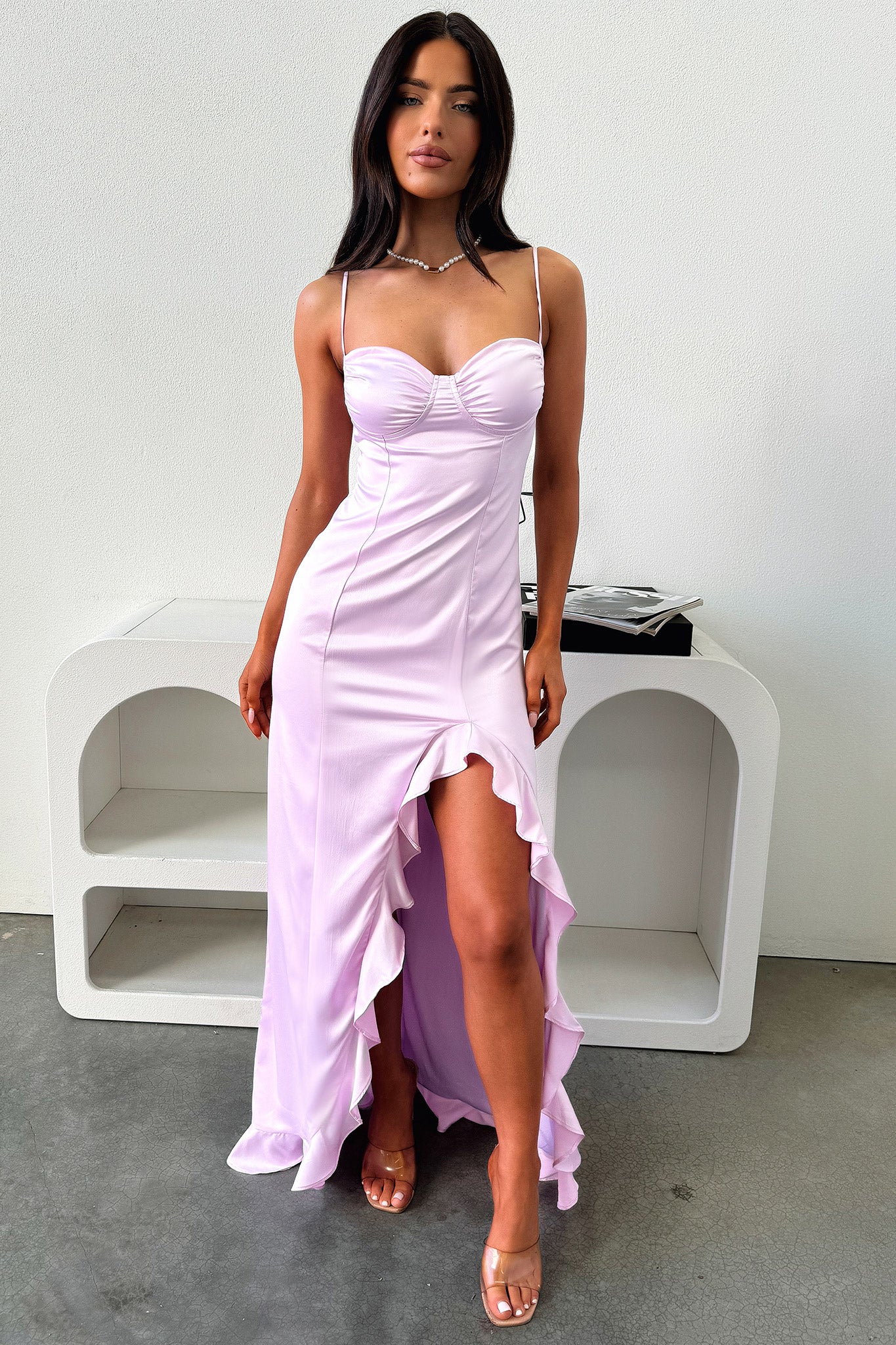 Lauren Ruffle Trim Satin Maxi Dress - Lilac-Coutiqo