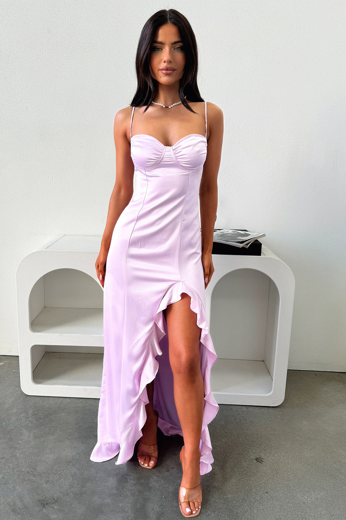 Lauren Ruffle Trim Satin Maxi Dress - Lilac-Coutiqo
