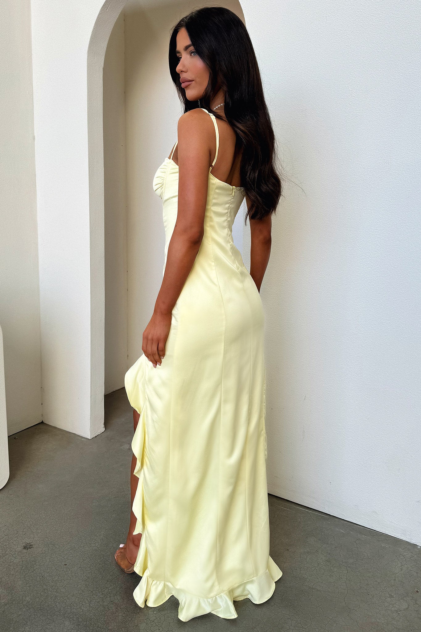 Lauren Ruffle Trim Satin Maxi Dress - Yellow-Coutiqo