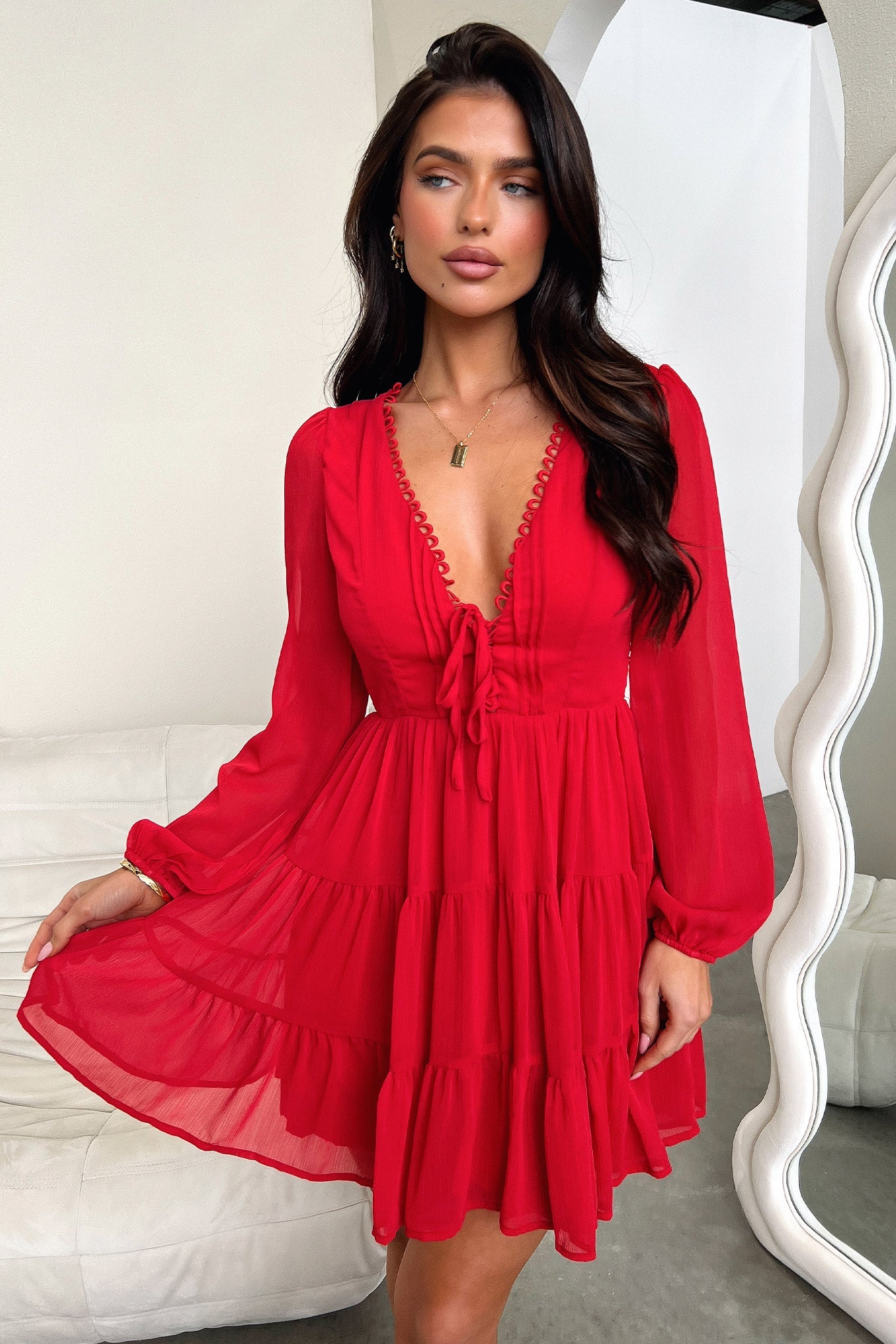 Lexie Long Sleeve Dress - Red-Coutiqo