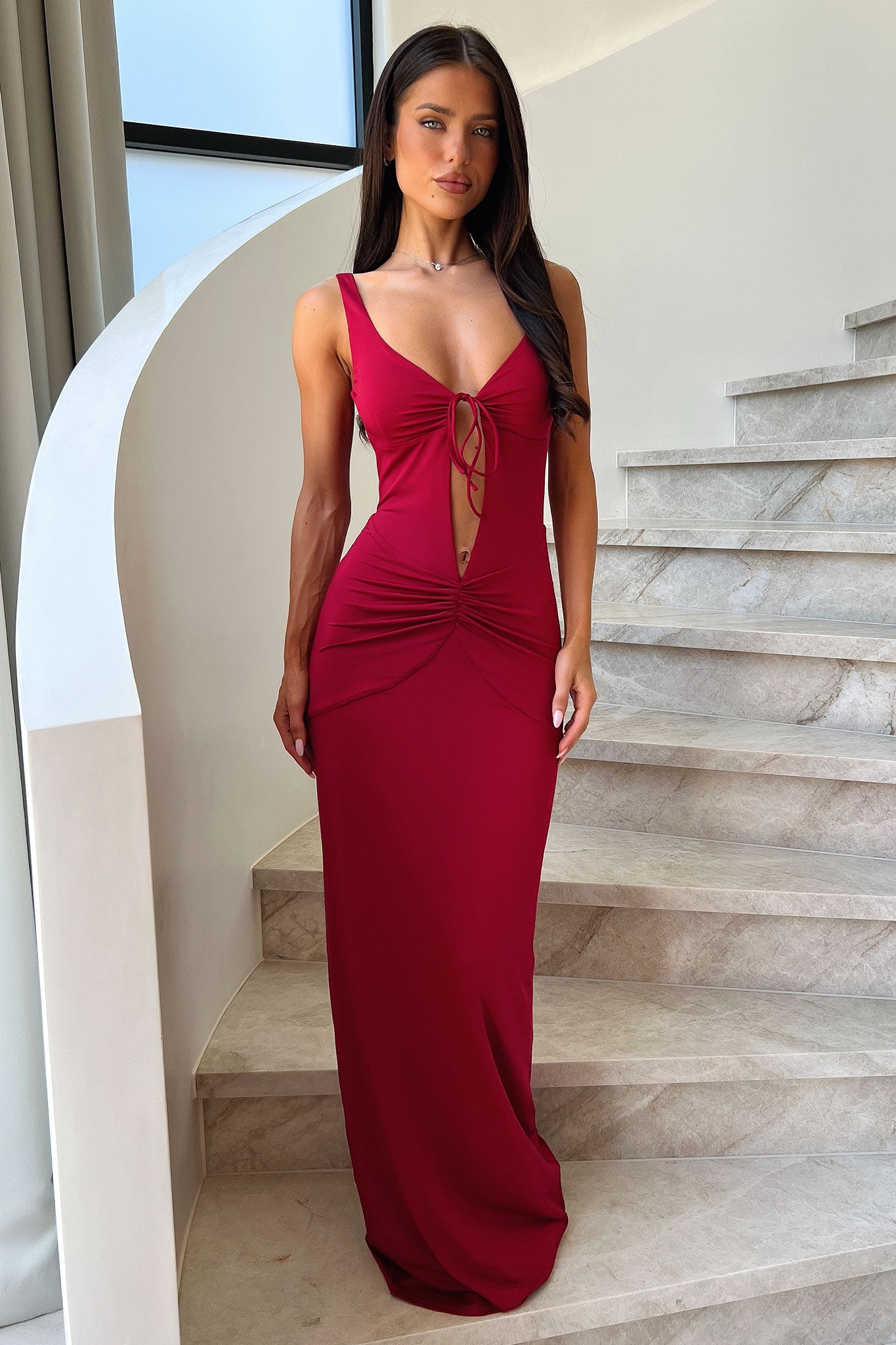 Lilo Keyhole Backless Maxi Dress - Burgundy-Coutiqo