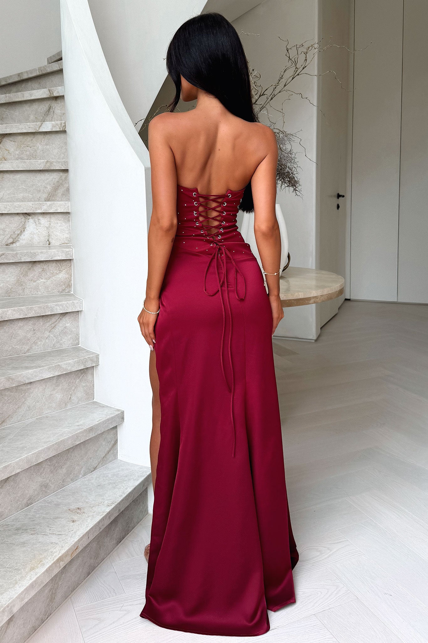 Manali Strapless Corset Maxi Dress - Burgundy-Coutiqo