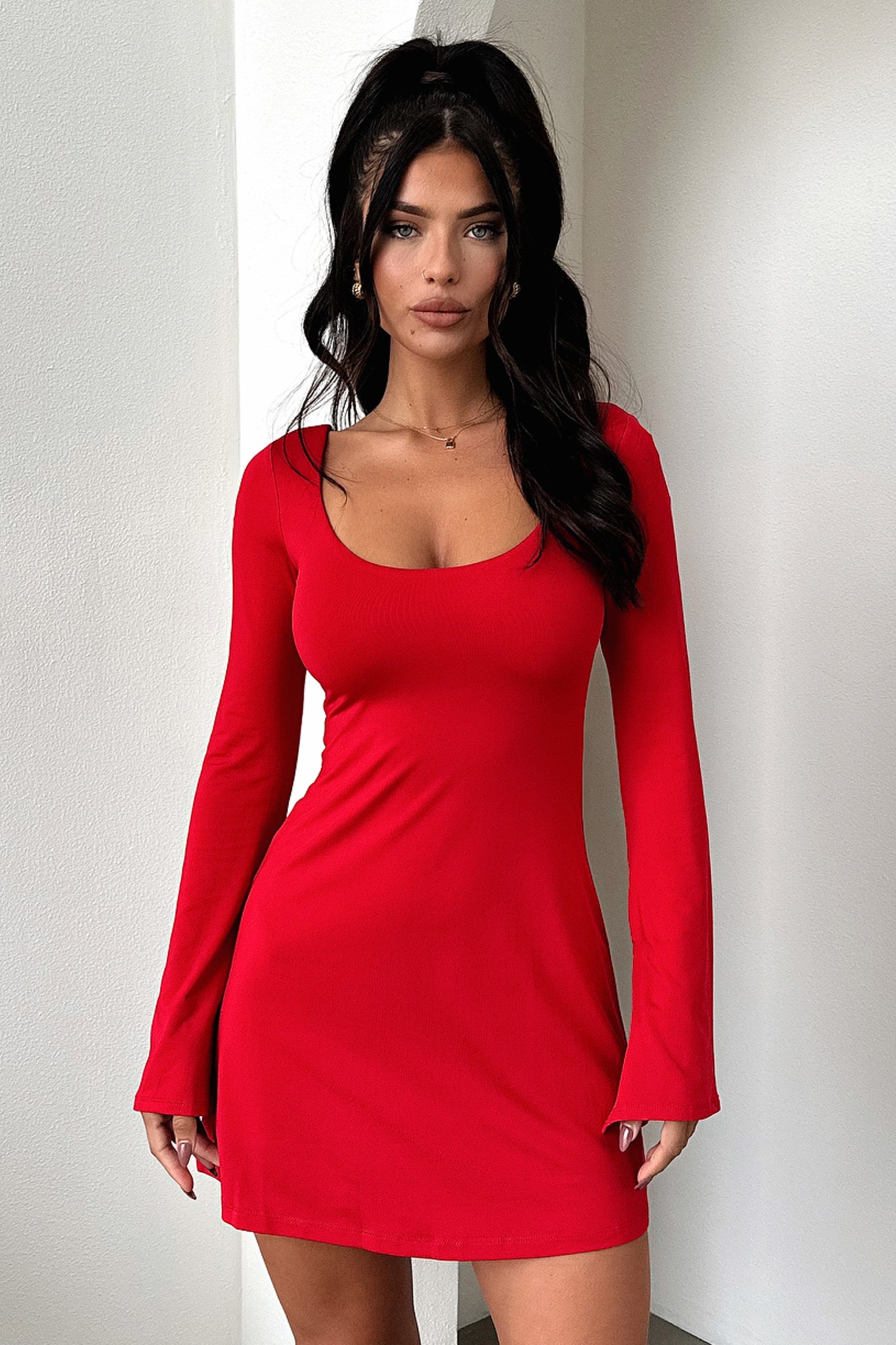 Marcia Long Sleeve Dress - Red-Coutiqo