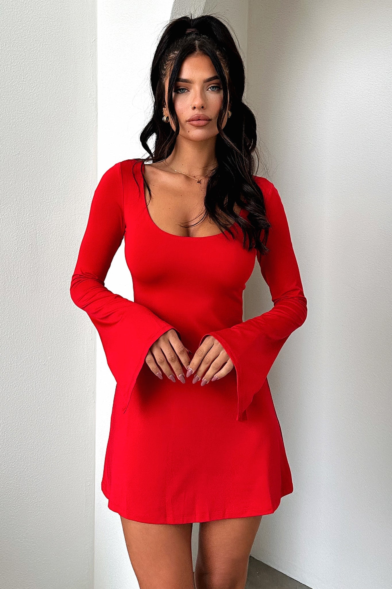 Marcia Long Sleeve Dress - Red-Coutiqo