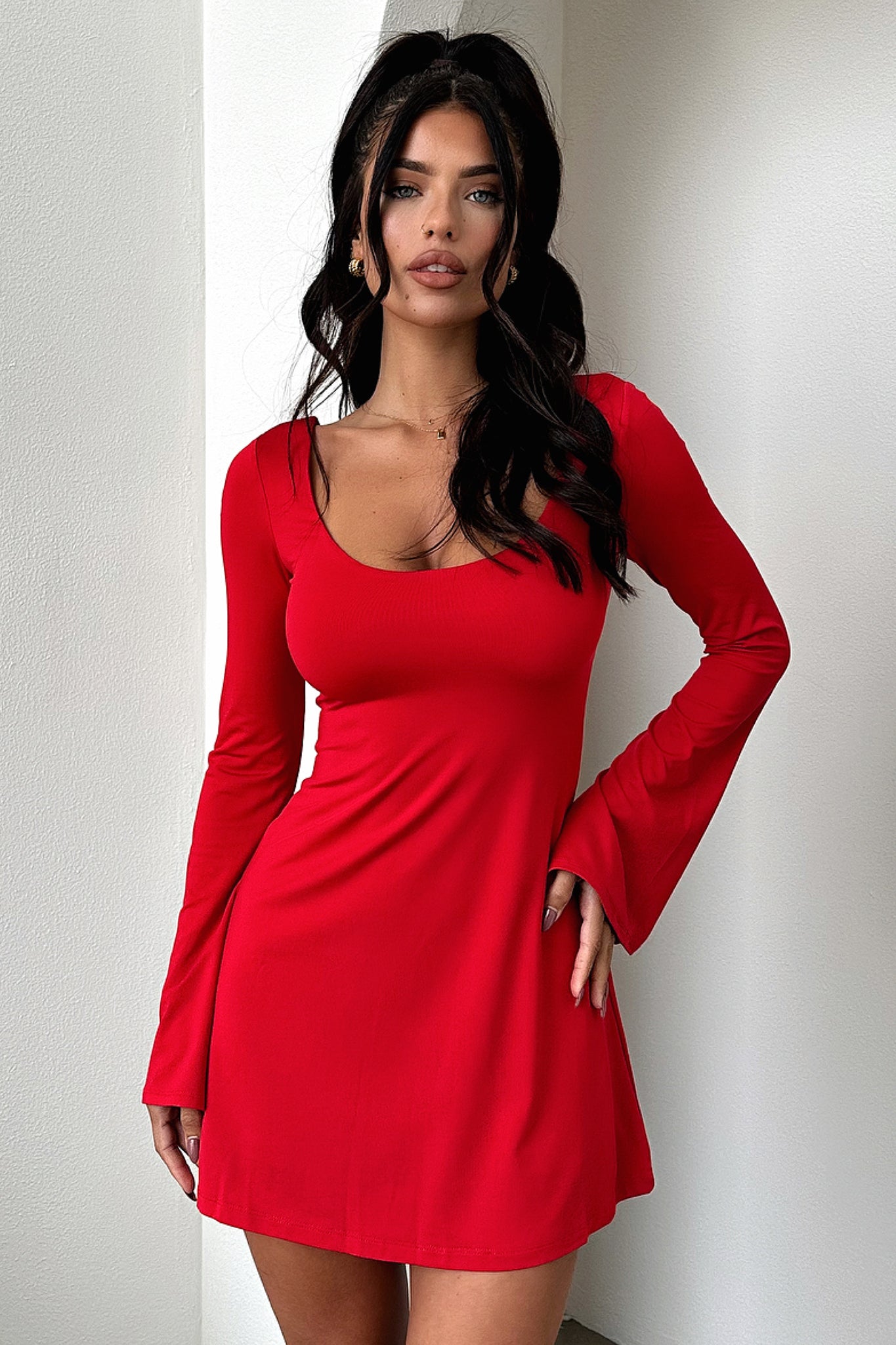 Marcia Long Sleeve Dress - Red-Coutiqo