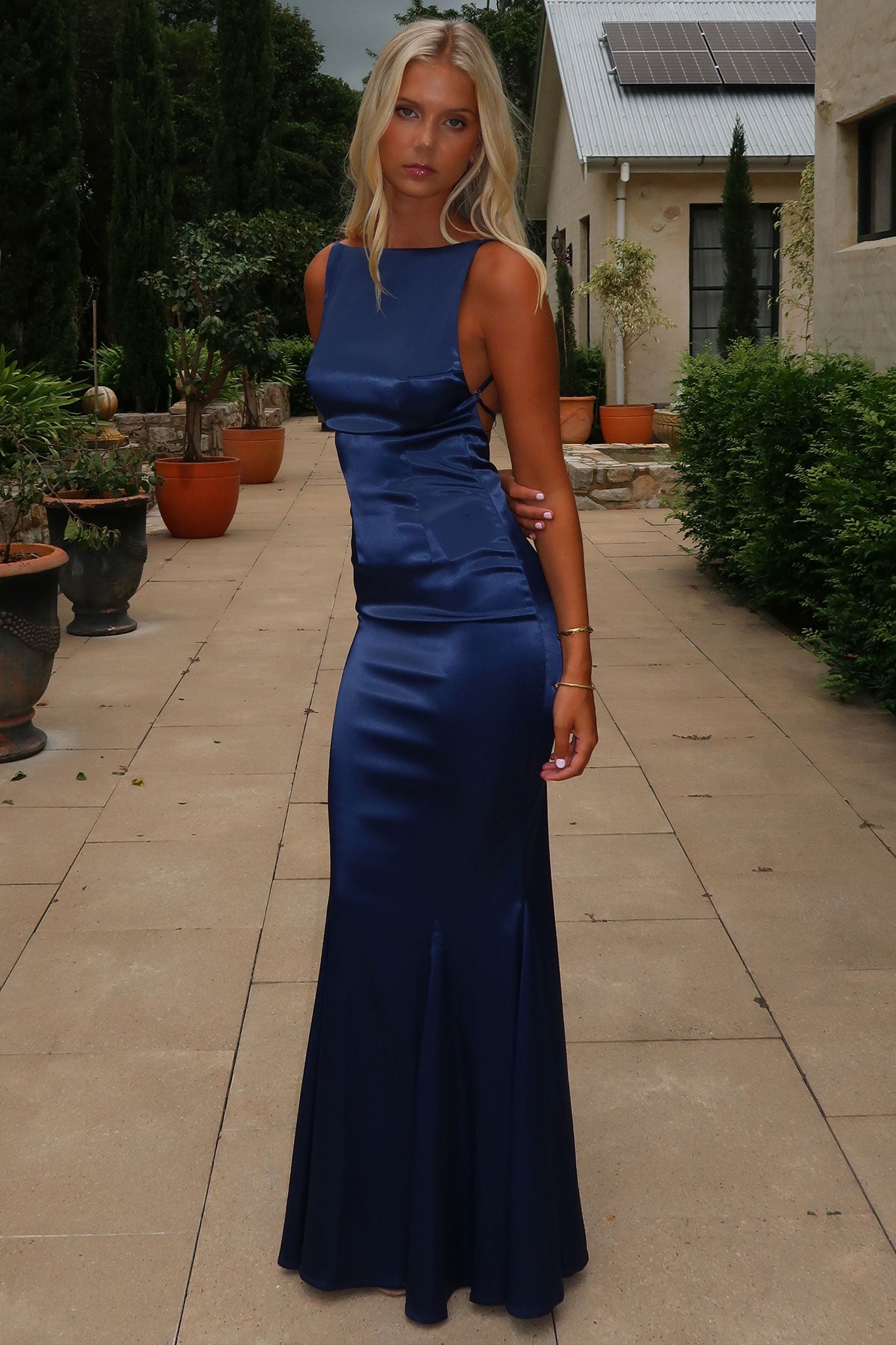 Margot High-Neck Satin Maxi Dress - Navy-Coutiqo