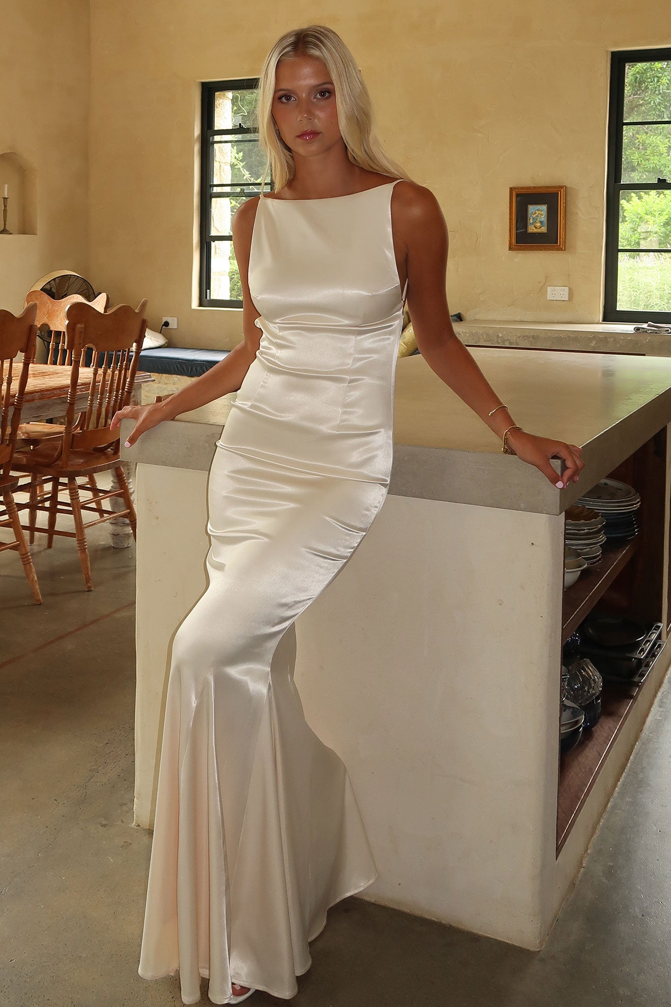 Margot High-Neck Satin Maxi Dress - Yellow-Coutiqo