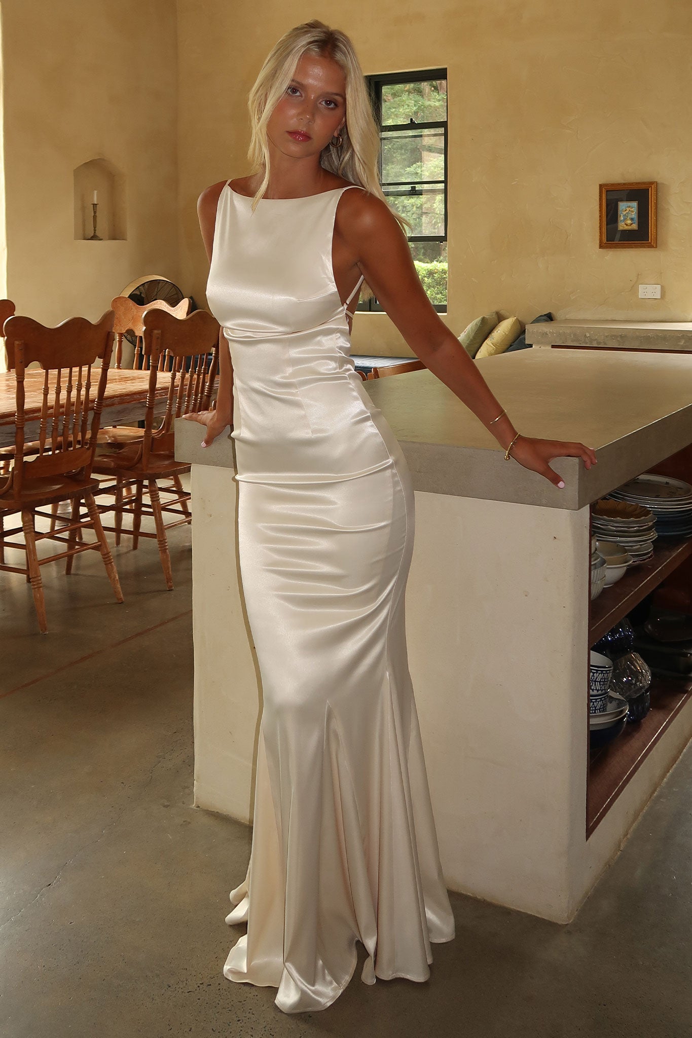 Margot High-Neck Satin Maxi Dress - Yellow-Coutiqo