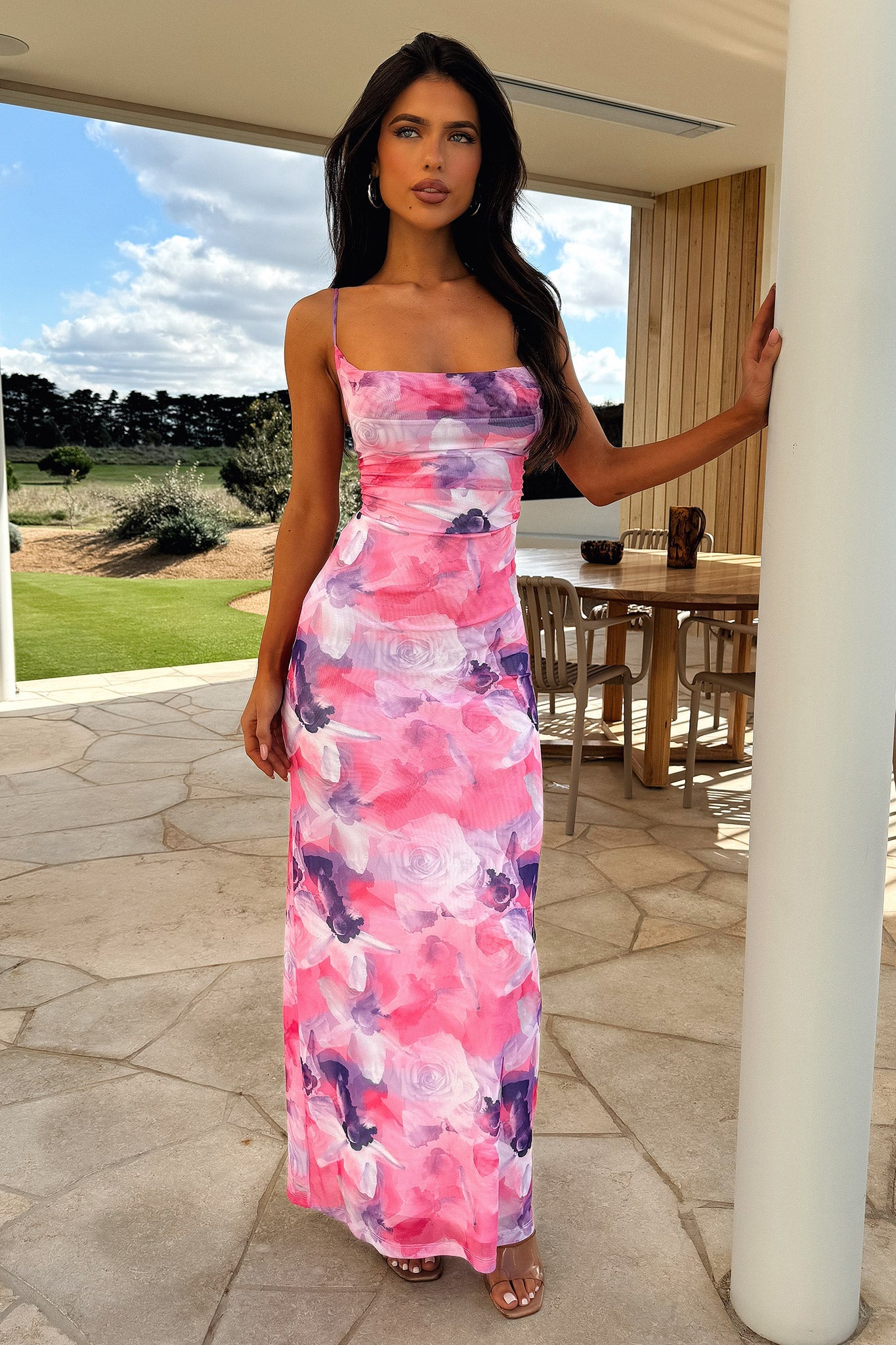 Nadine Lace-Up Back Maxi Dress - Pink Floral-Coutiqo