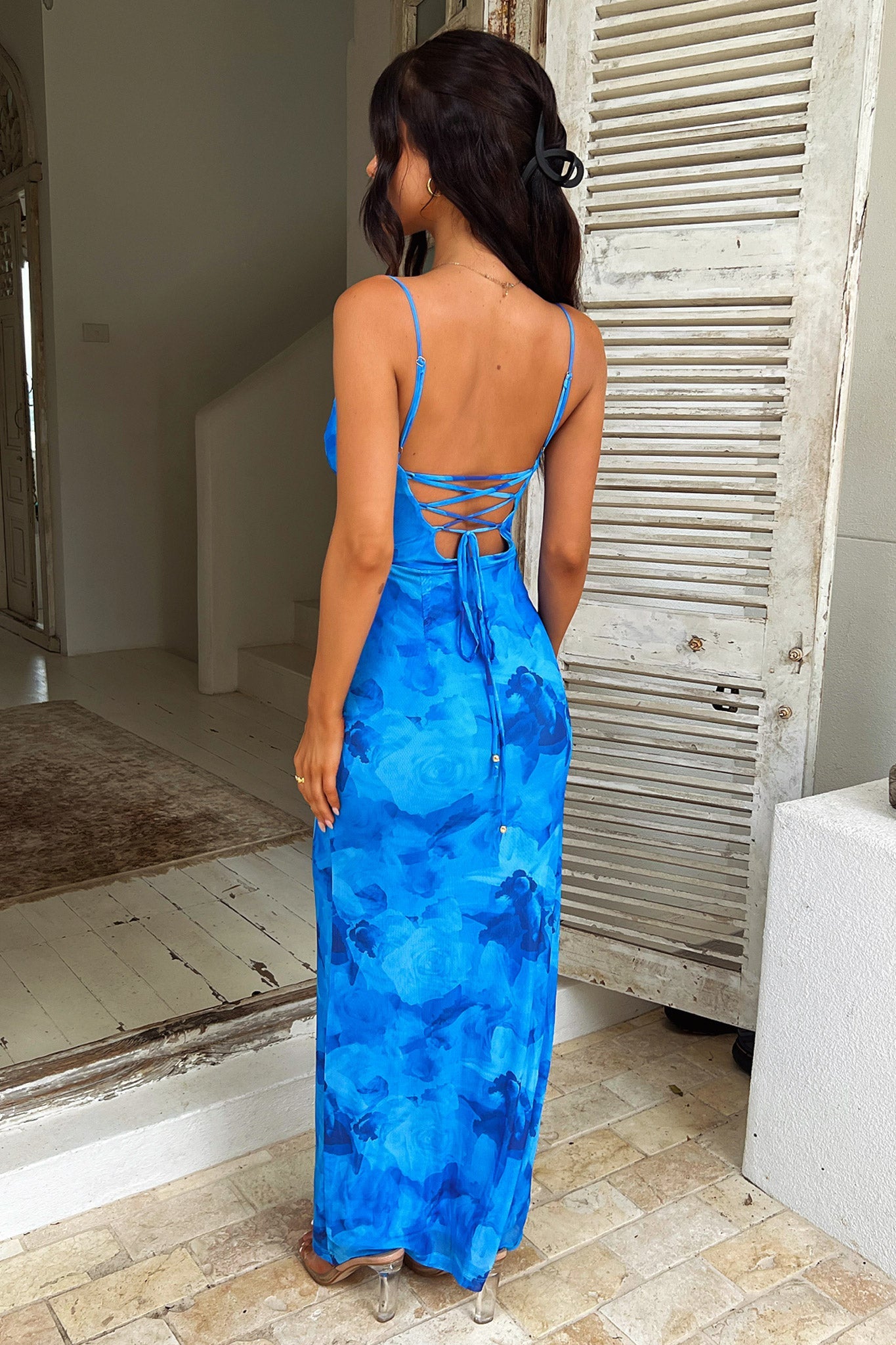 Nadine Lace-Up Back Maxi Dress - Blue Floral-Coutiqo